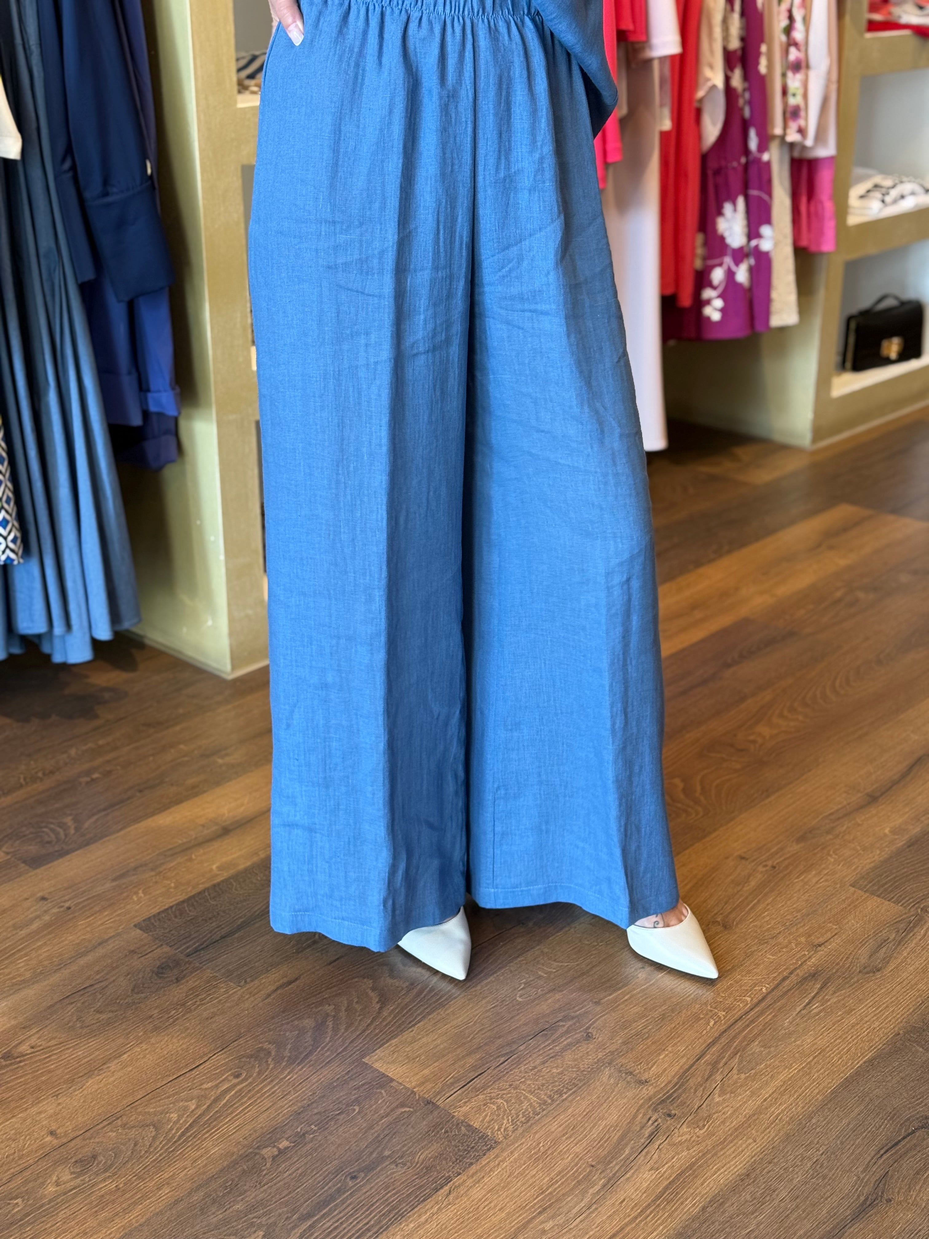 Pantalone a palazzo colore jeans in lino Gioia