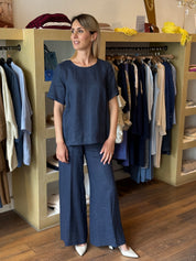 Blusa manica corta in Lino colore blu Gioia