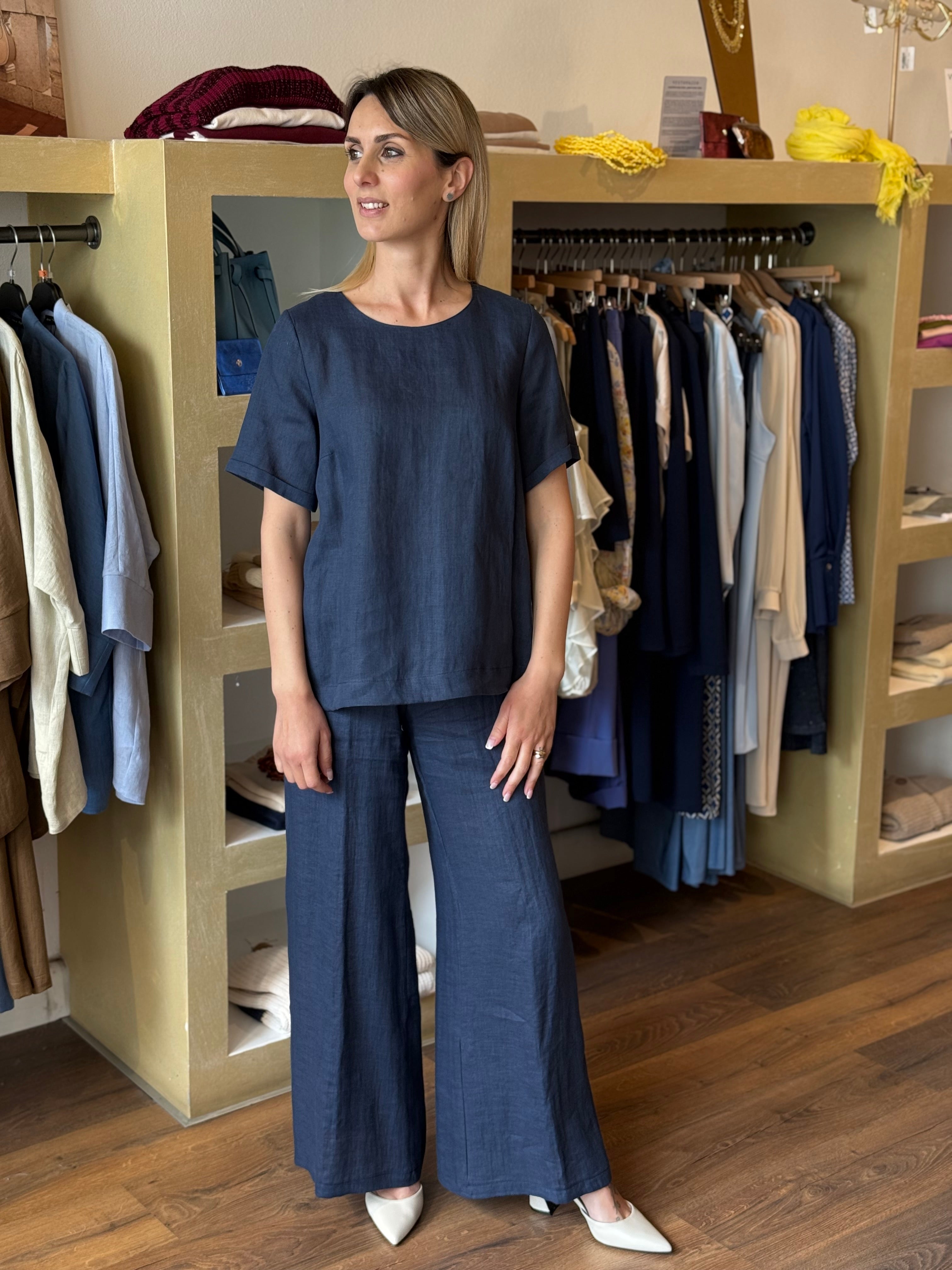 Blusa manica corta in Lino colore blu Gioia