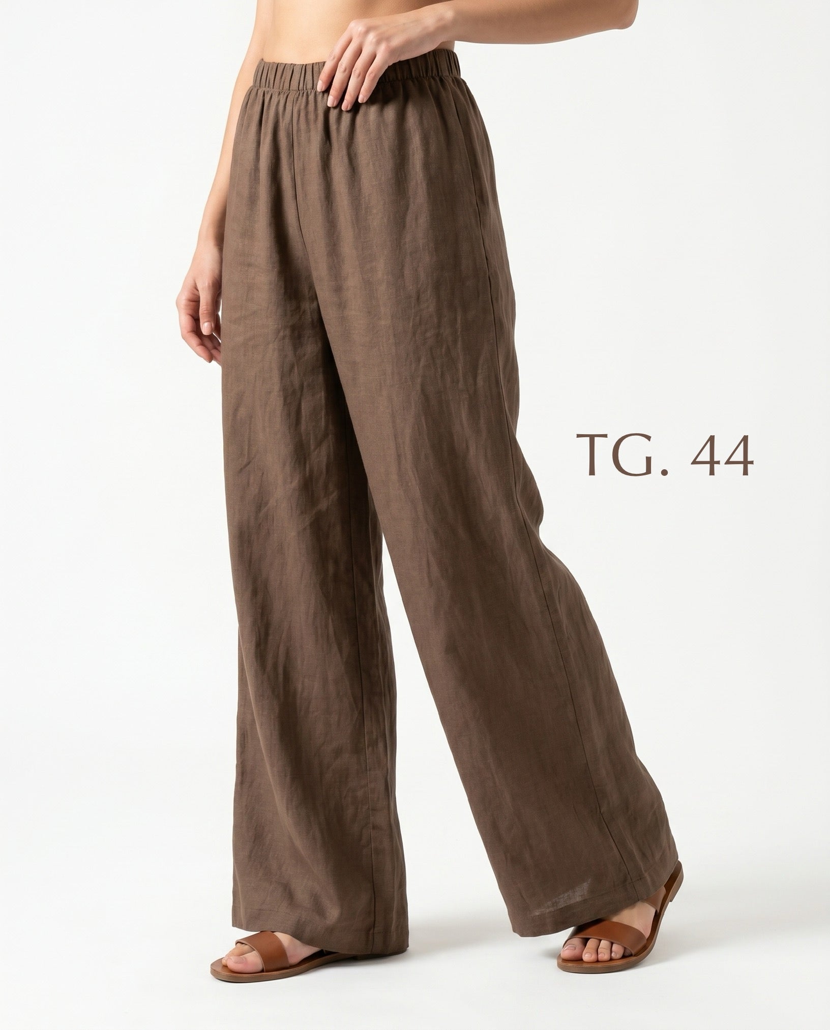 Pantalone Palazzo Marrone in Lino con Elastico in Vita