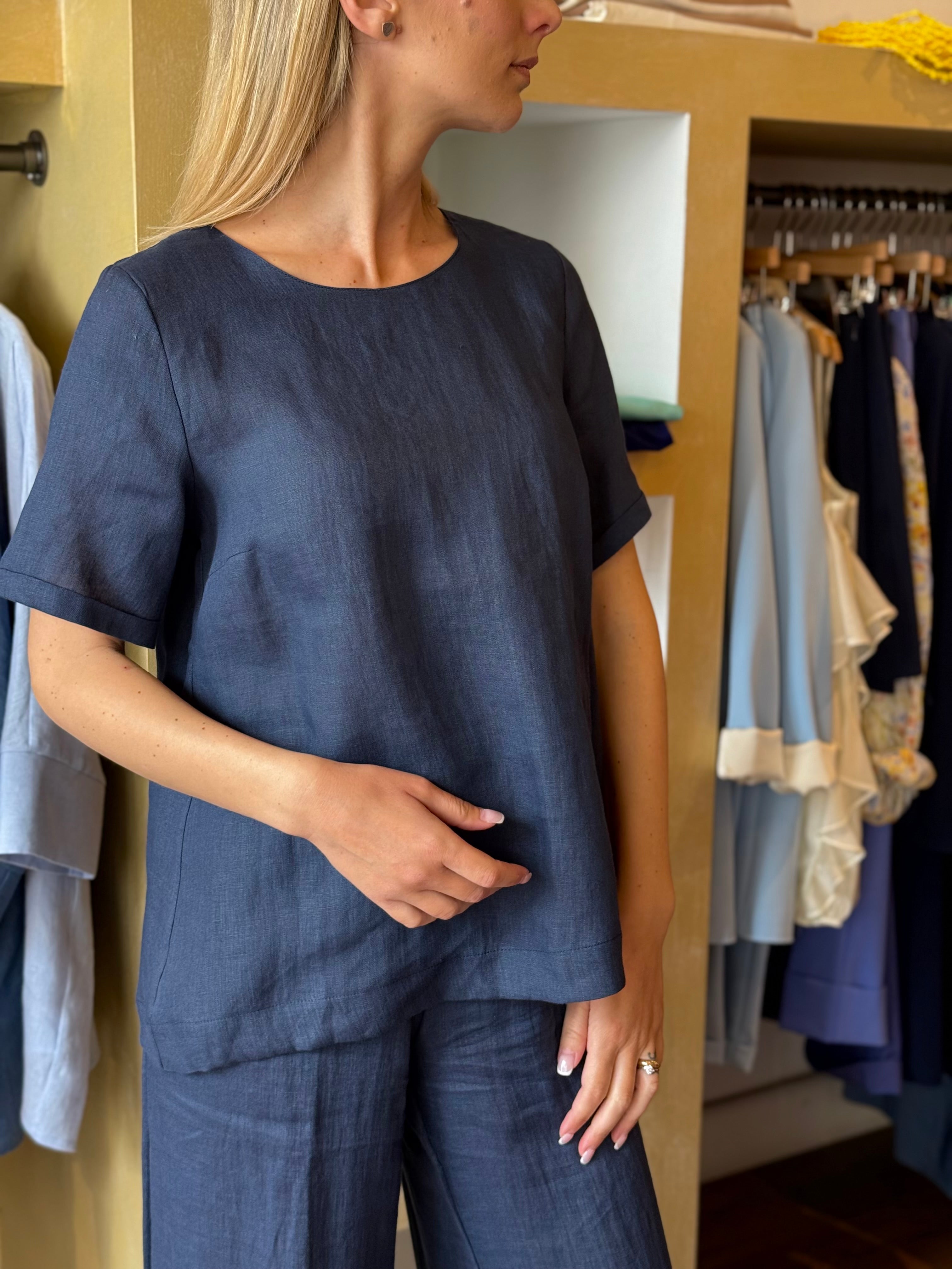 Blusa manica corta in Lino colore blu Gioia