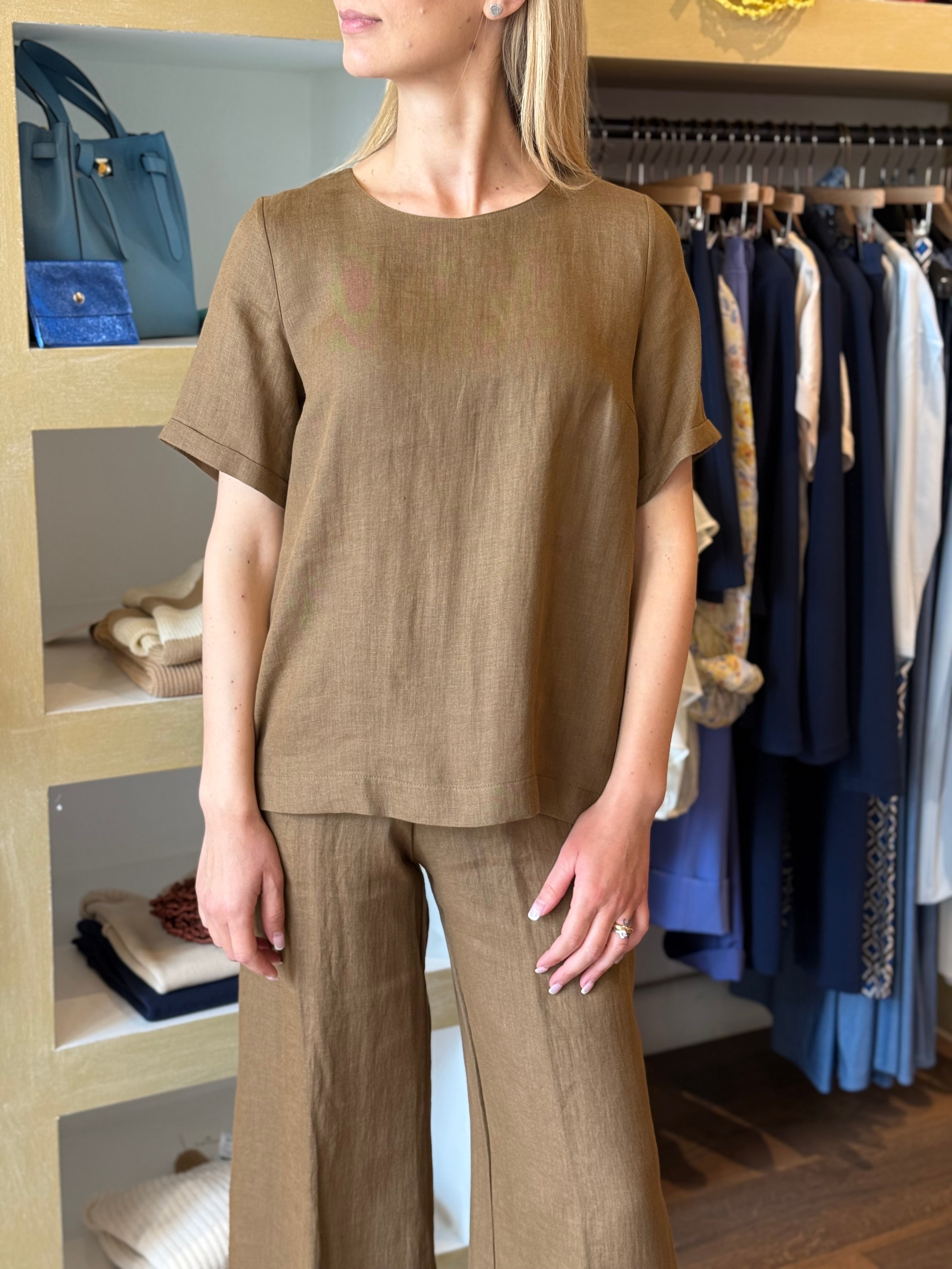 Blusa manica corta in Lino colore tabacco Gioia