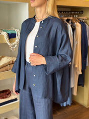 Camicia collo alla coreana colore blu in lino Gioia