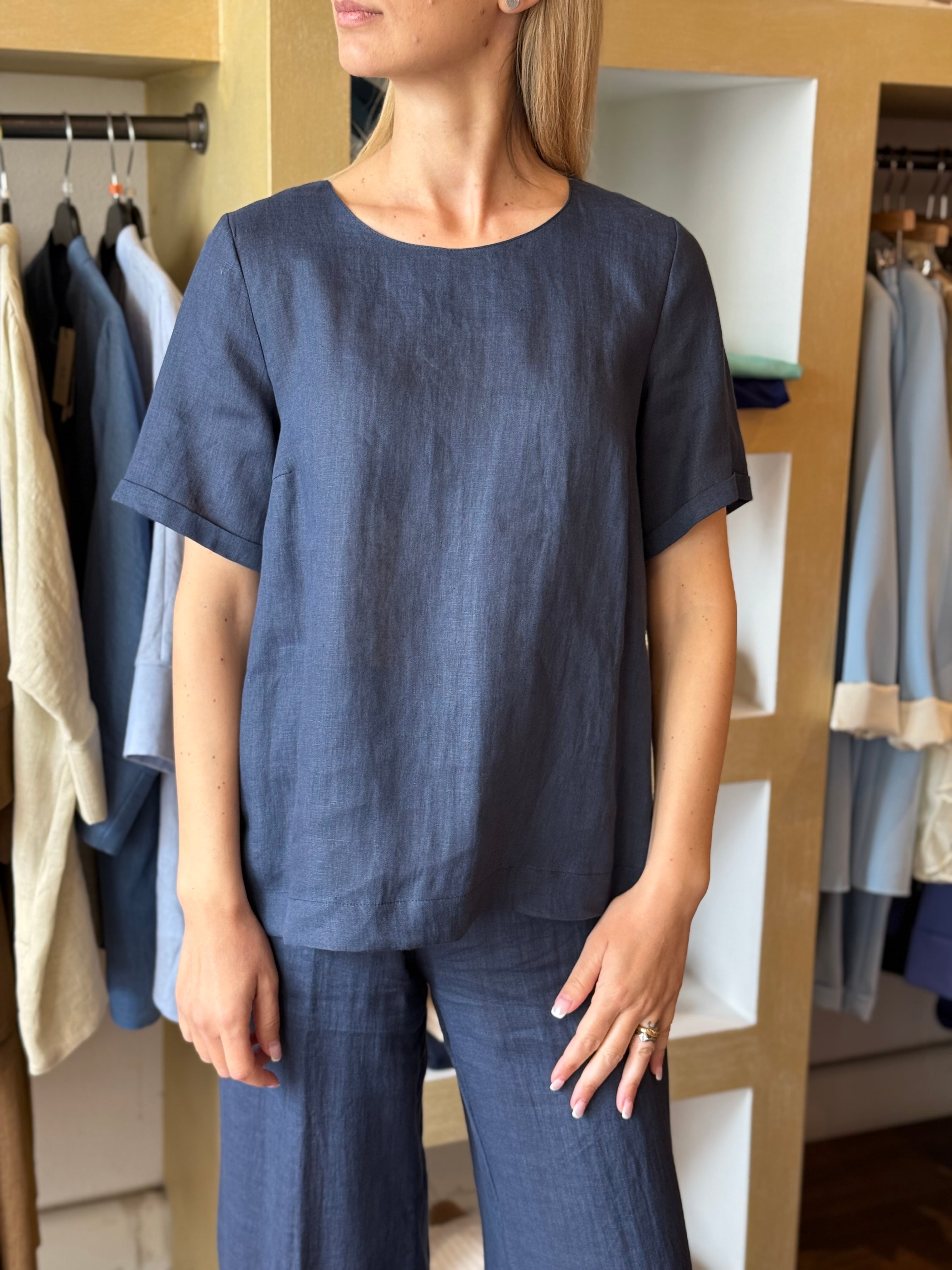 Blusa manica corta in Lino colore blu Gioia