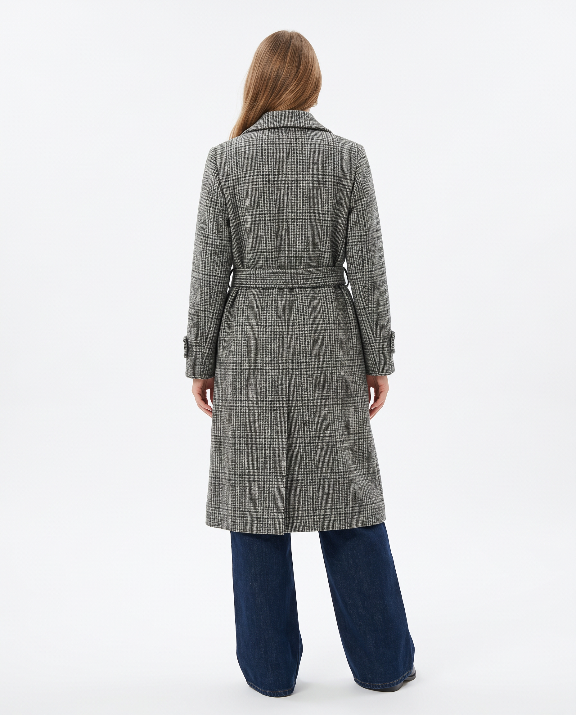 Cappotto lungo in misto lana blu e verde