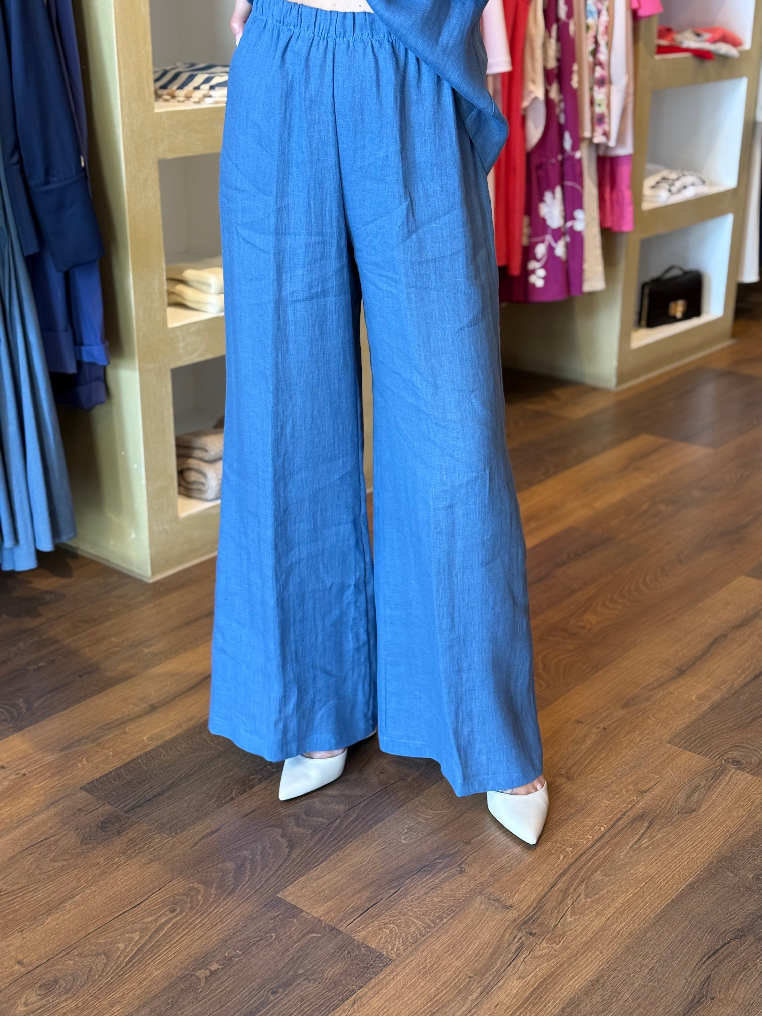 Pantalone a palazzo colore jeans in lino Gioia