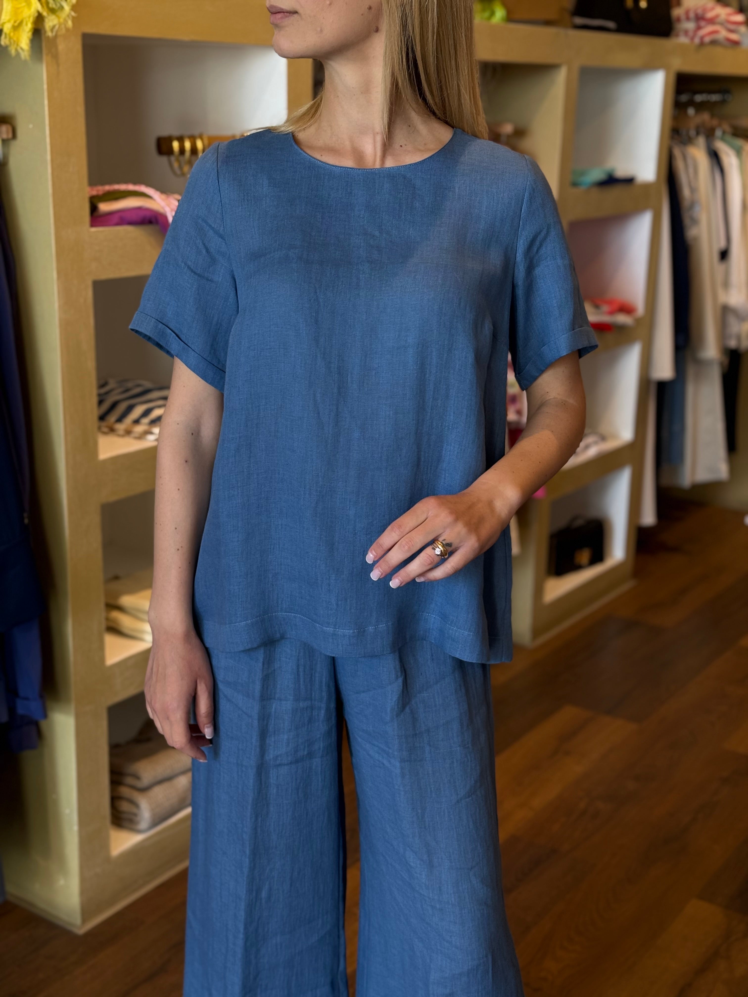 Blusa manica corta in Lino colore jeans Gioia