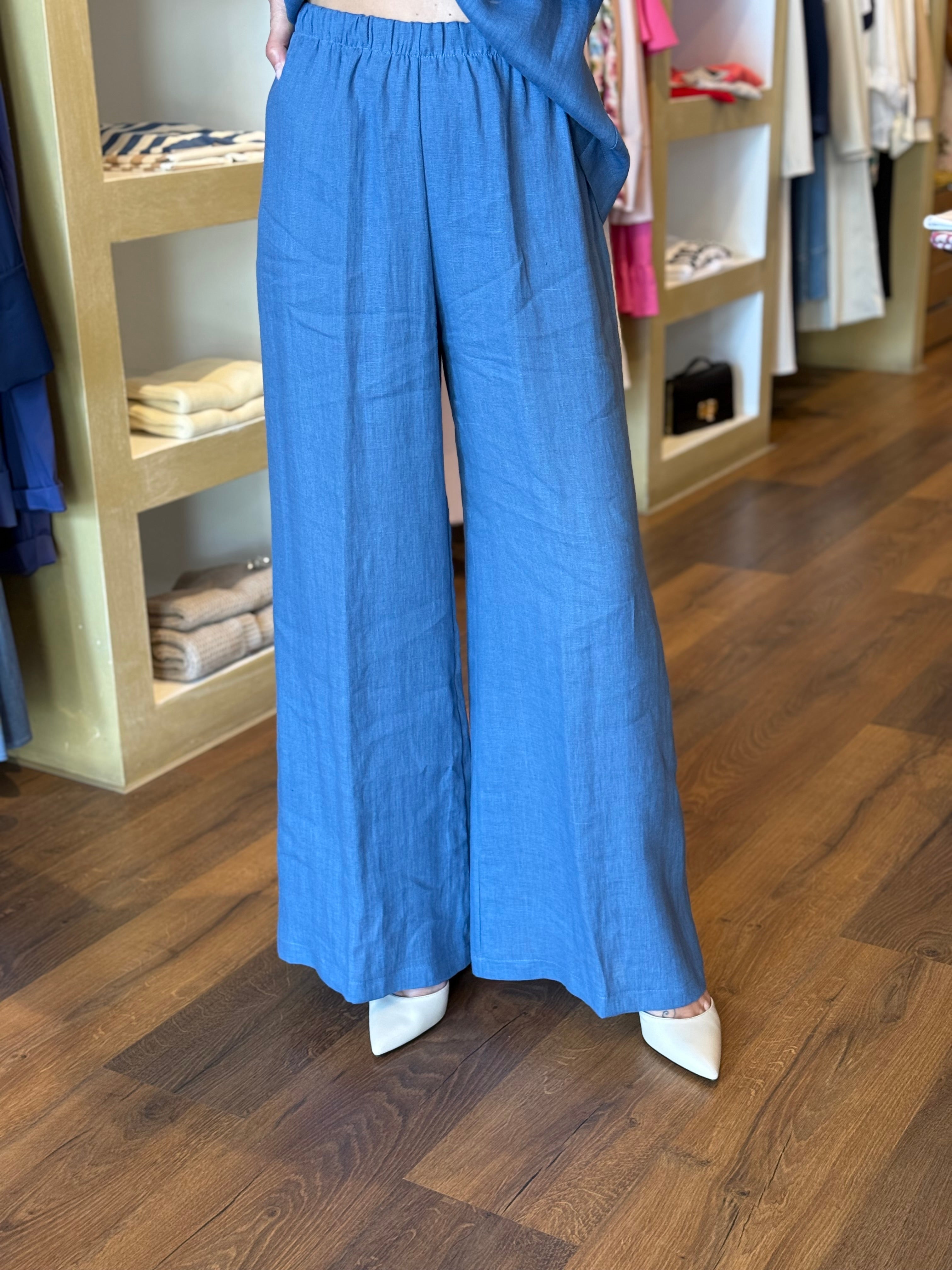 Pantalone a palazzo colore jeans in lino Gioia