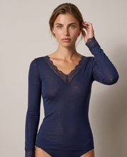 Maglia Essenziale Ultraleggera in Cashmere Scollo a V con pizzo Blu