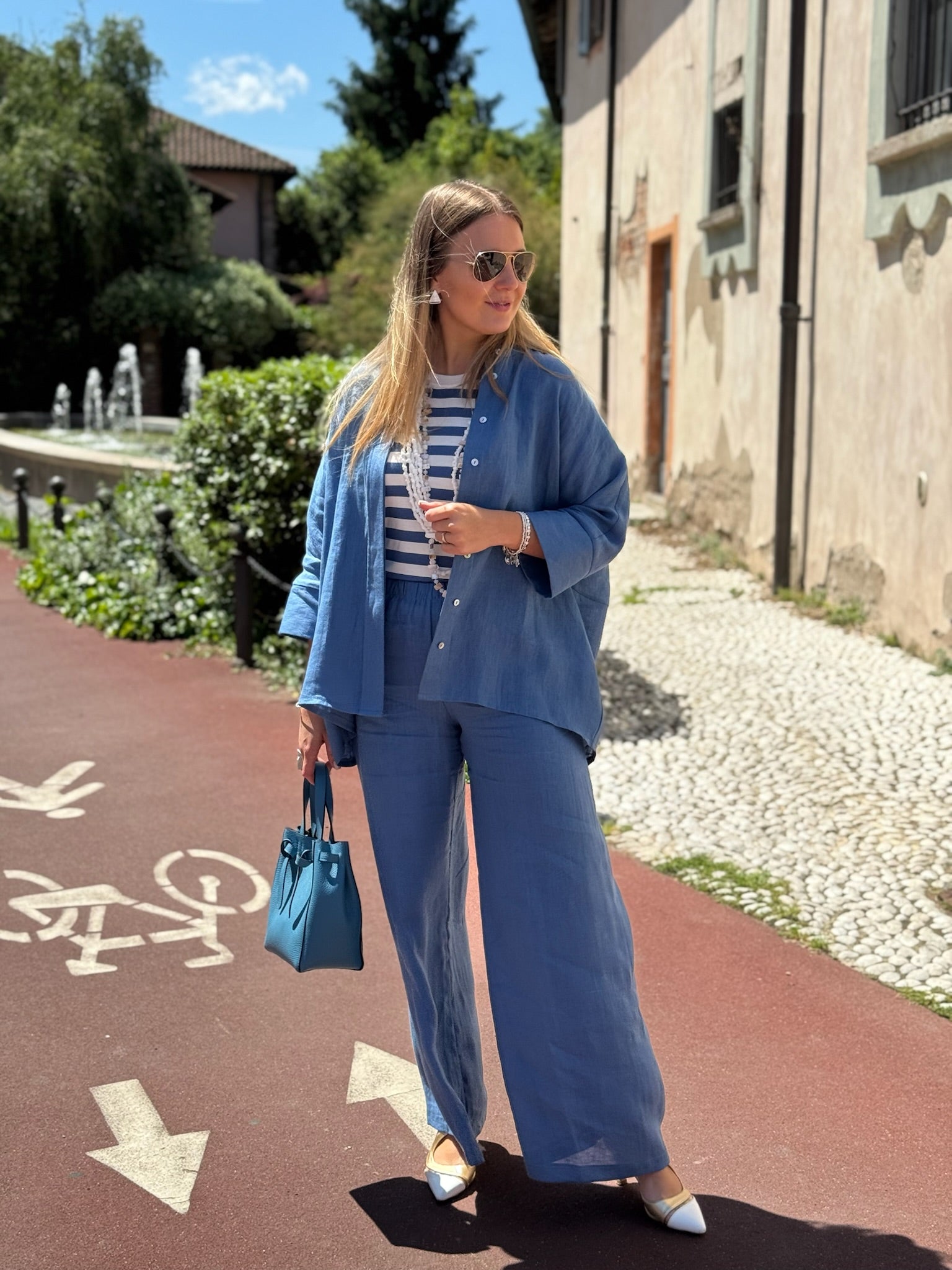 Camicia collo alla coreana colore jeans in lino Gioia