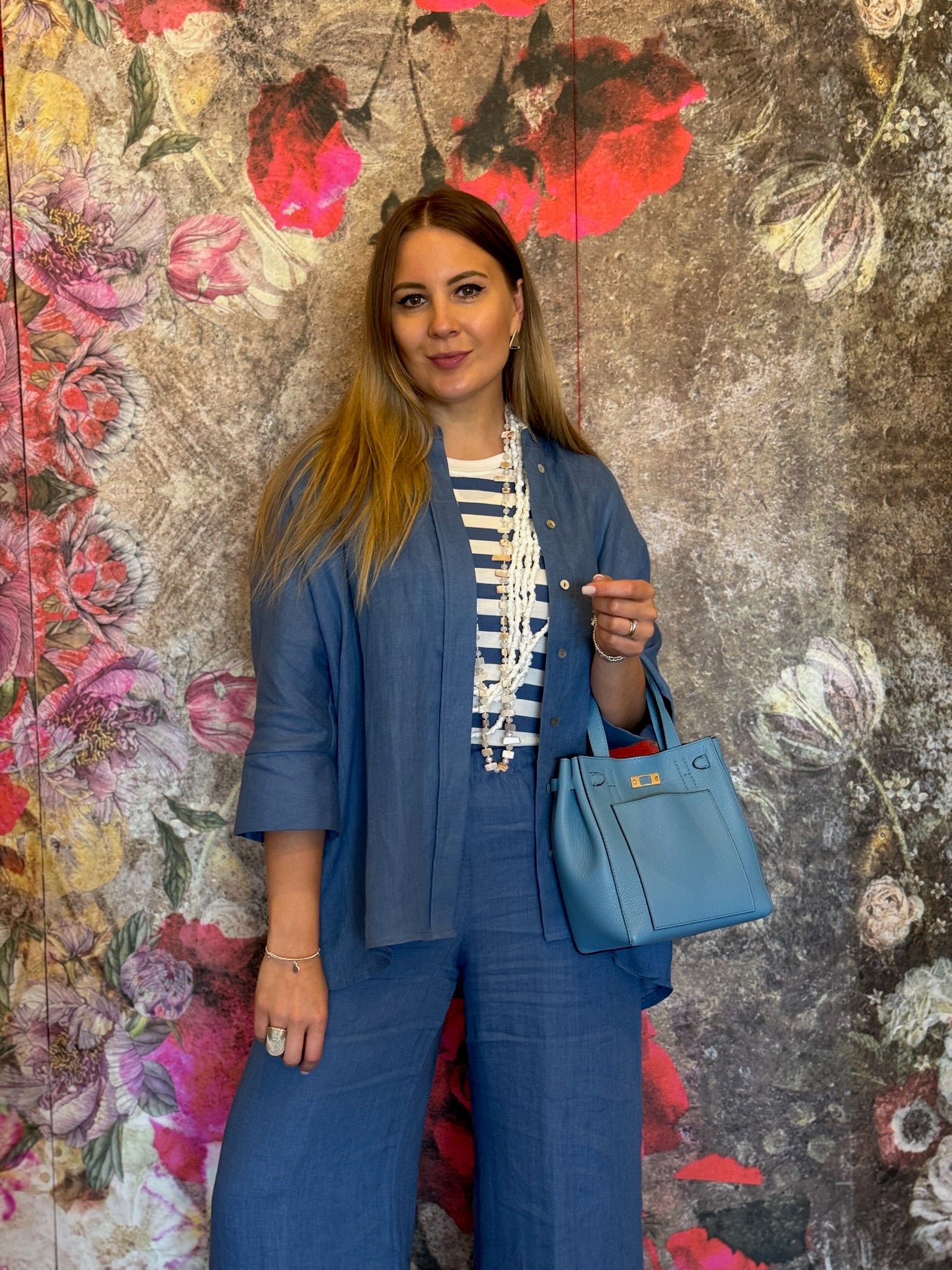 Camicia collo alla coreana colore jeans in lino Gioia