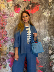 Camicia collo alla coreana colore jeans in lino Gioia