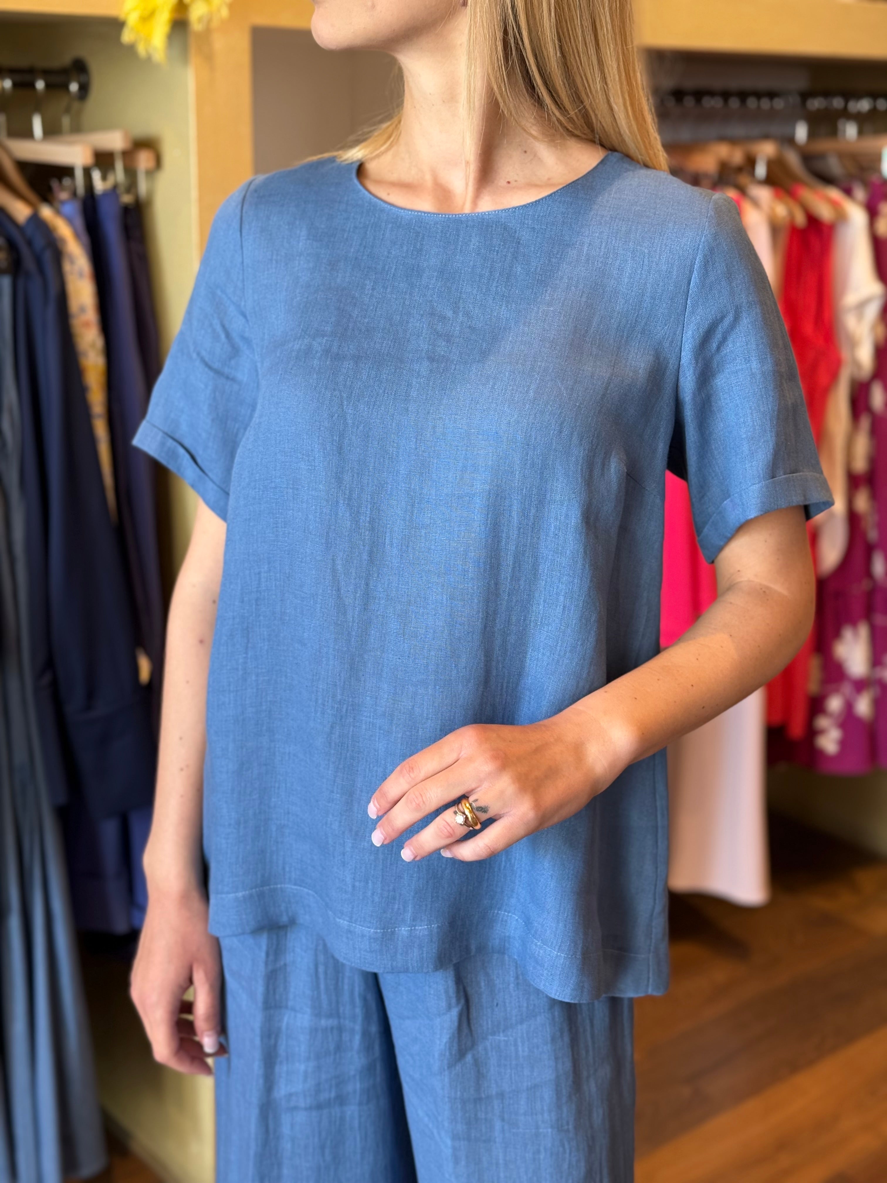 Blusa manica corta in Lino colore jeans Gioia