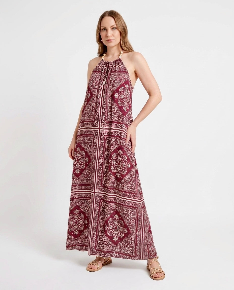 Abito lungo con stampa bandana bordeaux