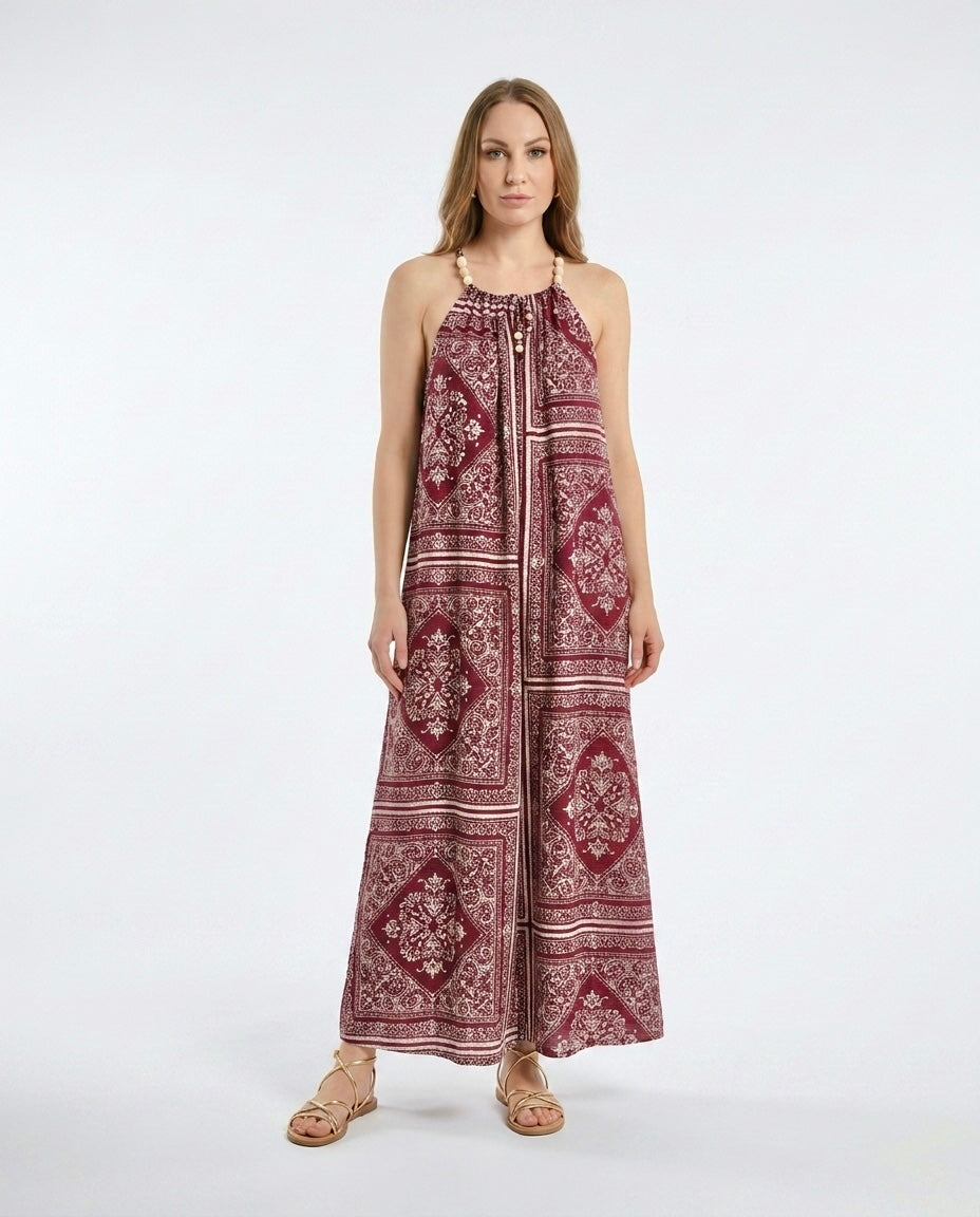 Abito lungo con stampa bandana bordeaux
