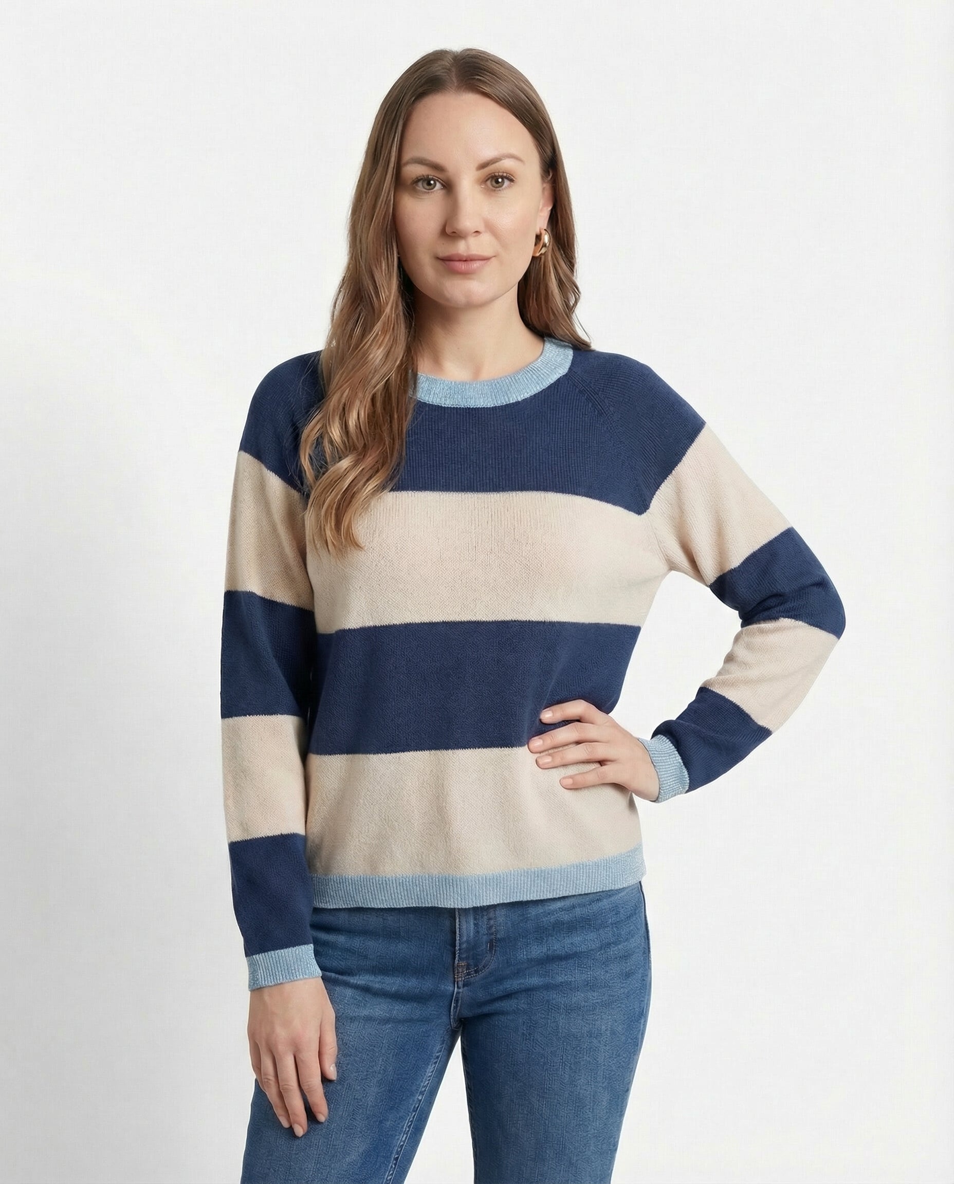 Maglia a righe con bordo ondulato – Blu/Crema