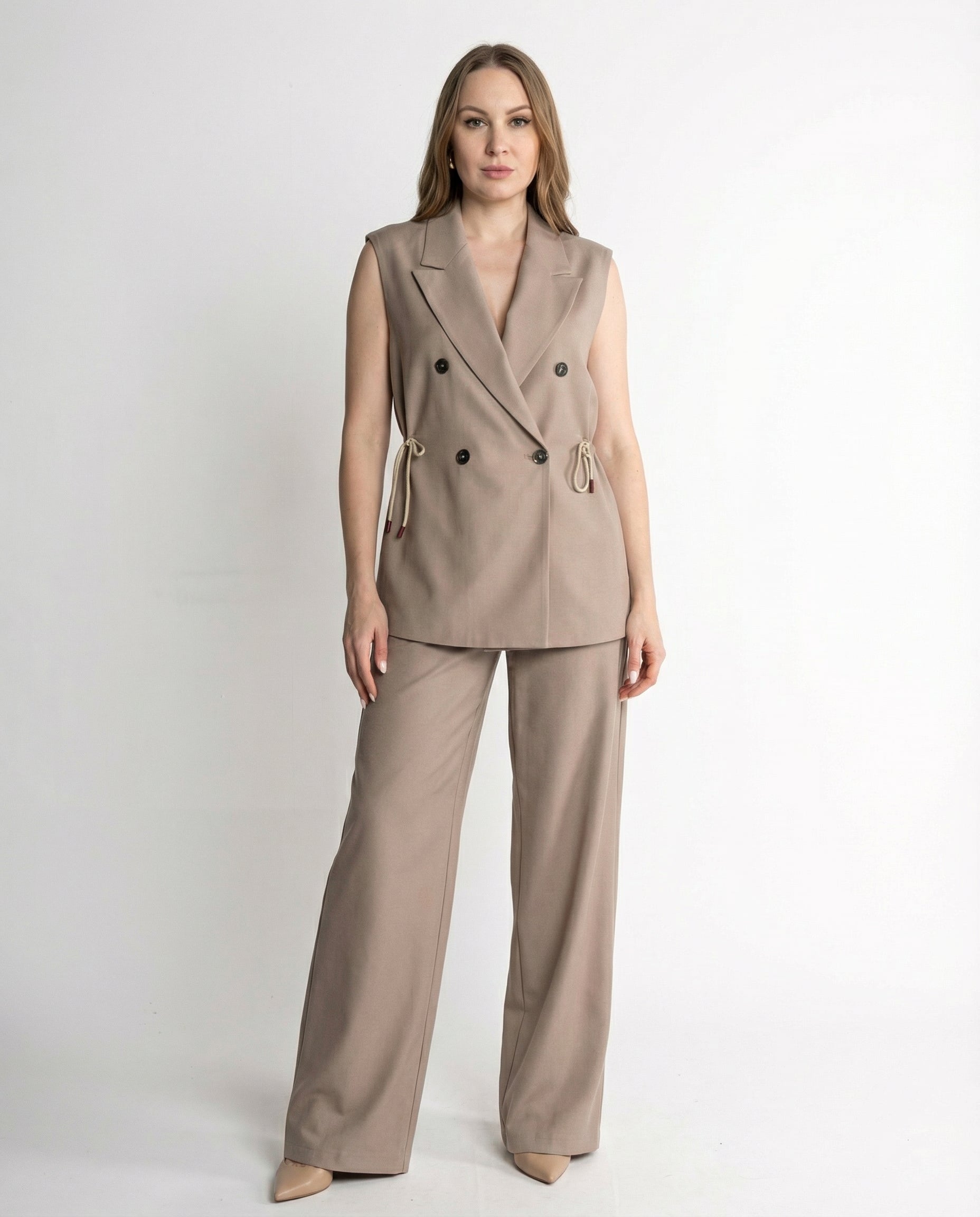 Completo beige – Gilet Doppiopetto e Pantaloni Wide Leg