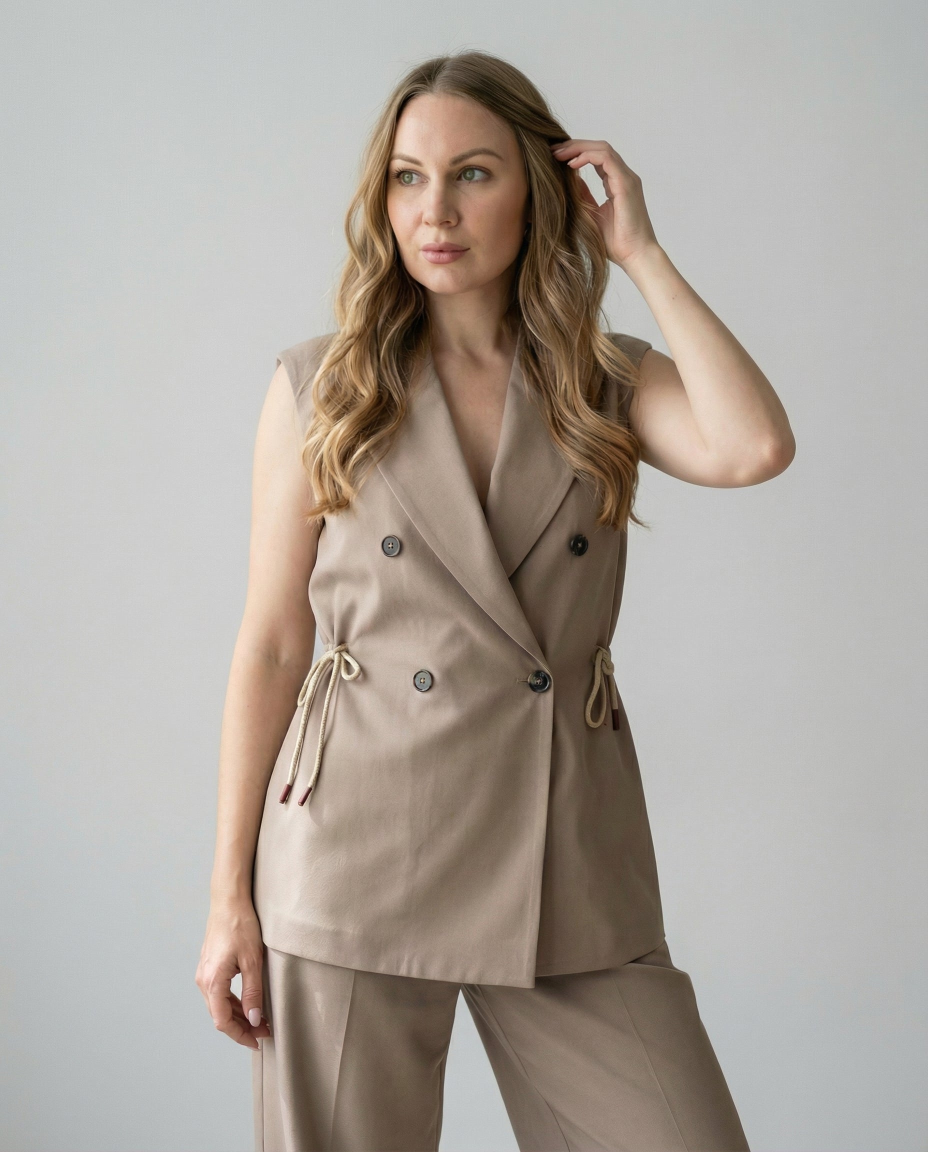Completo beige – Gilet Doppiopetto e Pantaloni Wide Leg