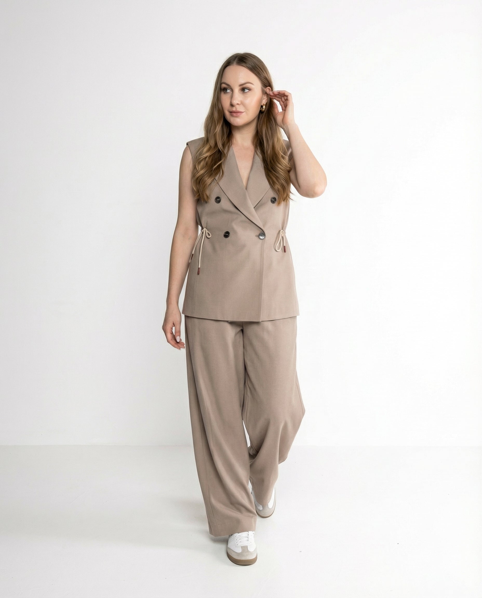 Completo beige – Gilet Doppiopetto e Pantaloni Wide Leg
