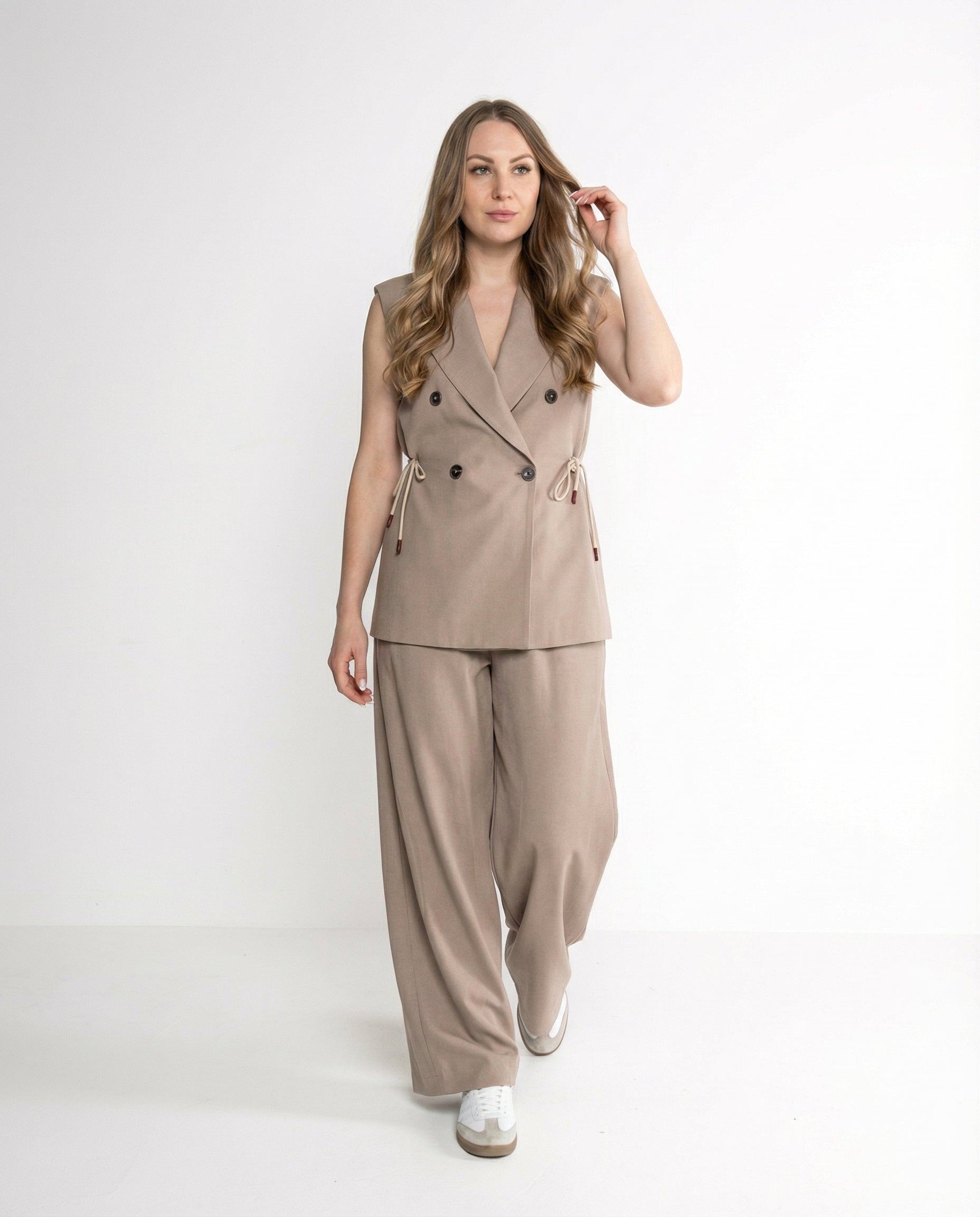 Completo beige – Gilet Doppiopetto e Pantaloni Wide Leg