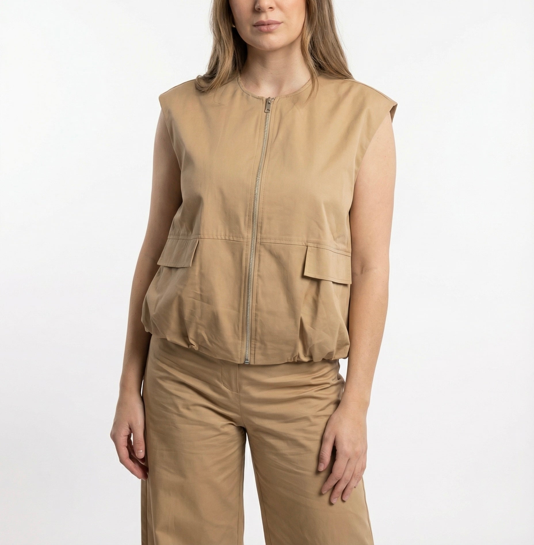 Completo in cotone Sabbia – Gilet Utility e Pantaloni Palazzo