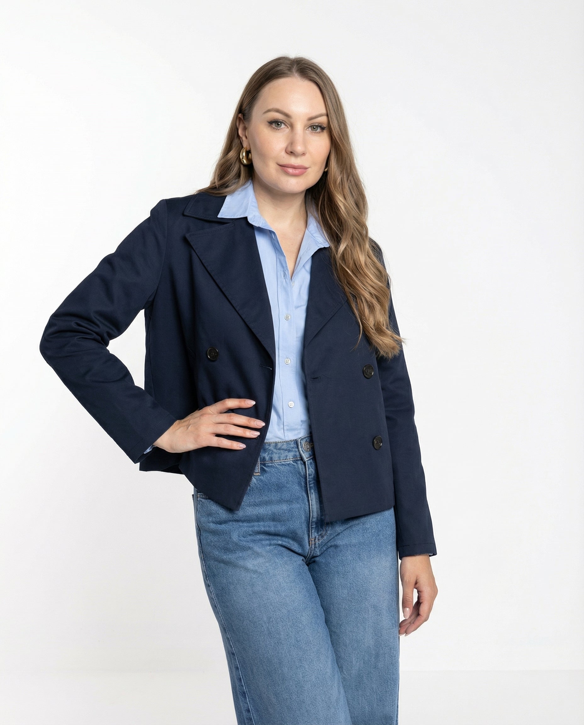 Trench Corto Doppiopetto Blu notte con Fodera a Righe