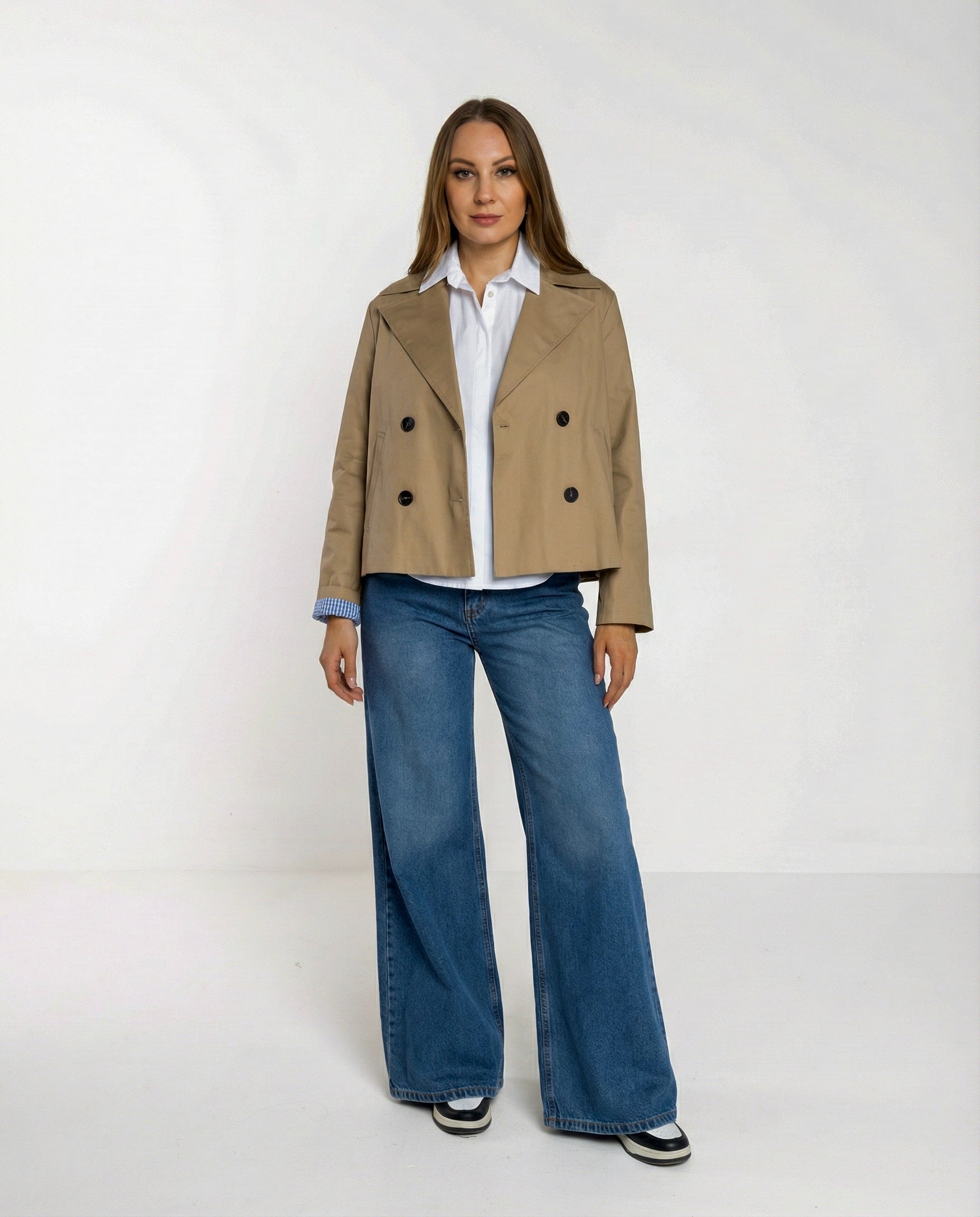 Trench Corto Doppiopetto Sabbia con Fodera a Righe