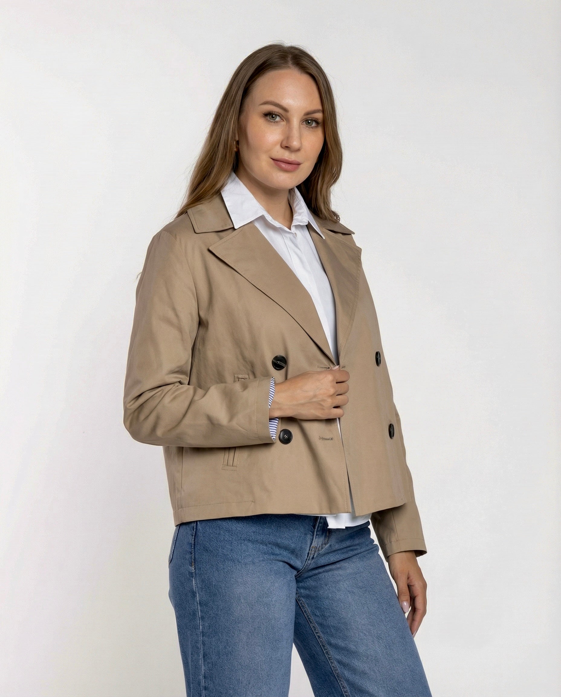 Trench Corto Doppiopetto Sabbia con Fodera a Righe