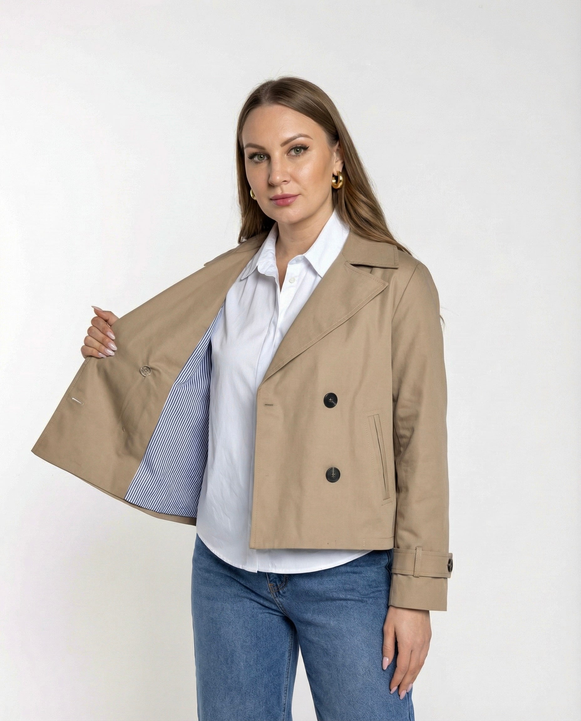 Trench Corto Doppiopetto Sabbia con Fodera a Righe