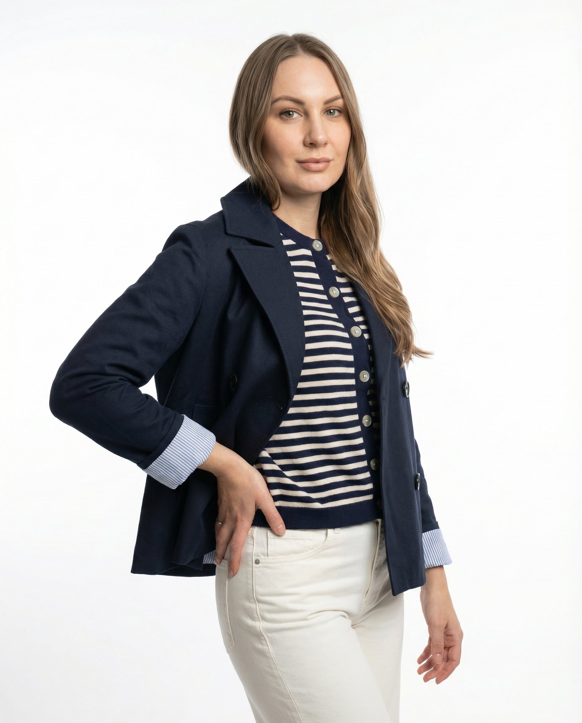 Trench Corto Doppiopetto Blu notte con Fodera a Righe