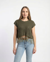 Maglia manica corta Verde Militare  con Inserto in Tulle