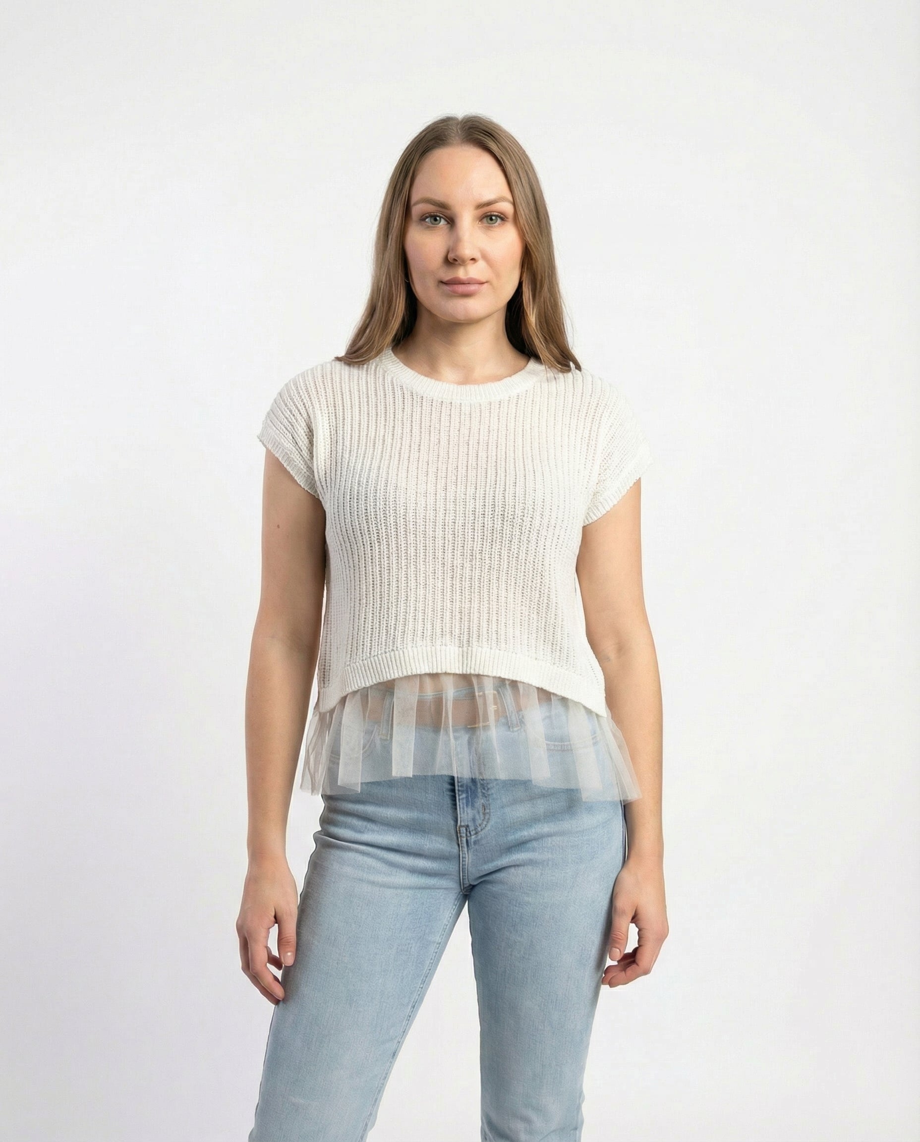 Maglia manica corta Ecru  con Inserto in Tulle