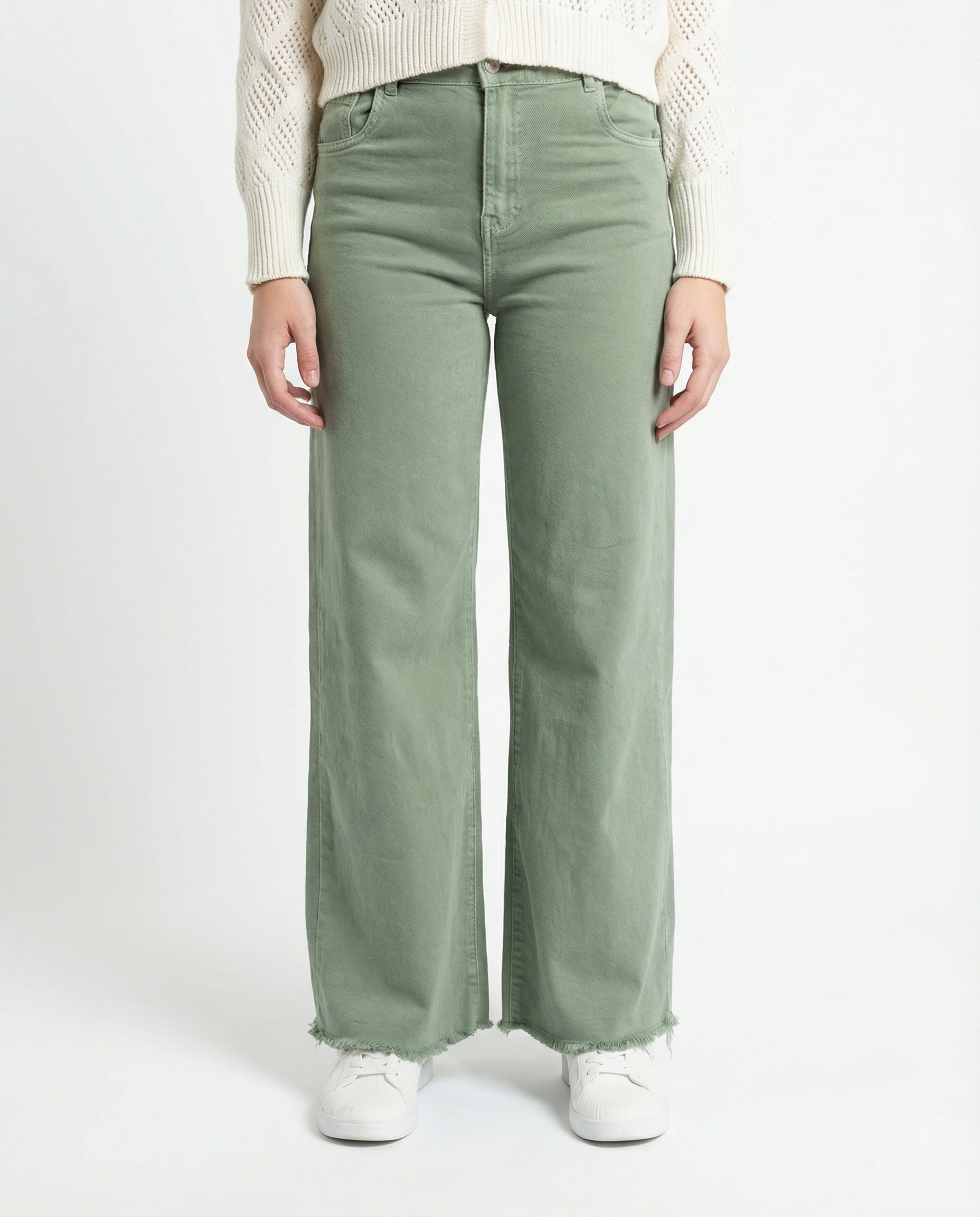 Jeans Wide Leg Color verde militare con Bordo Sfrangiato