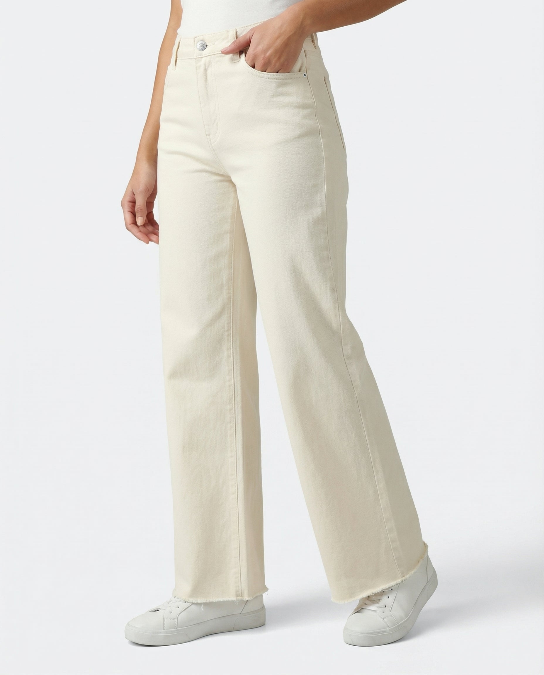 Jeans Wide Leg Color Panna con Bordo Sfrangiato