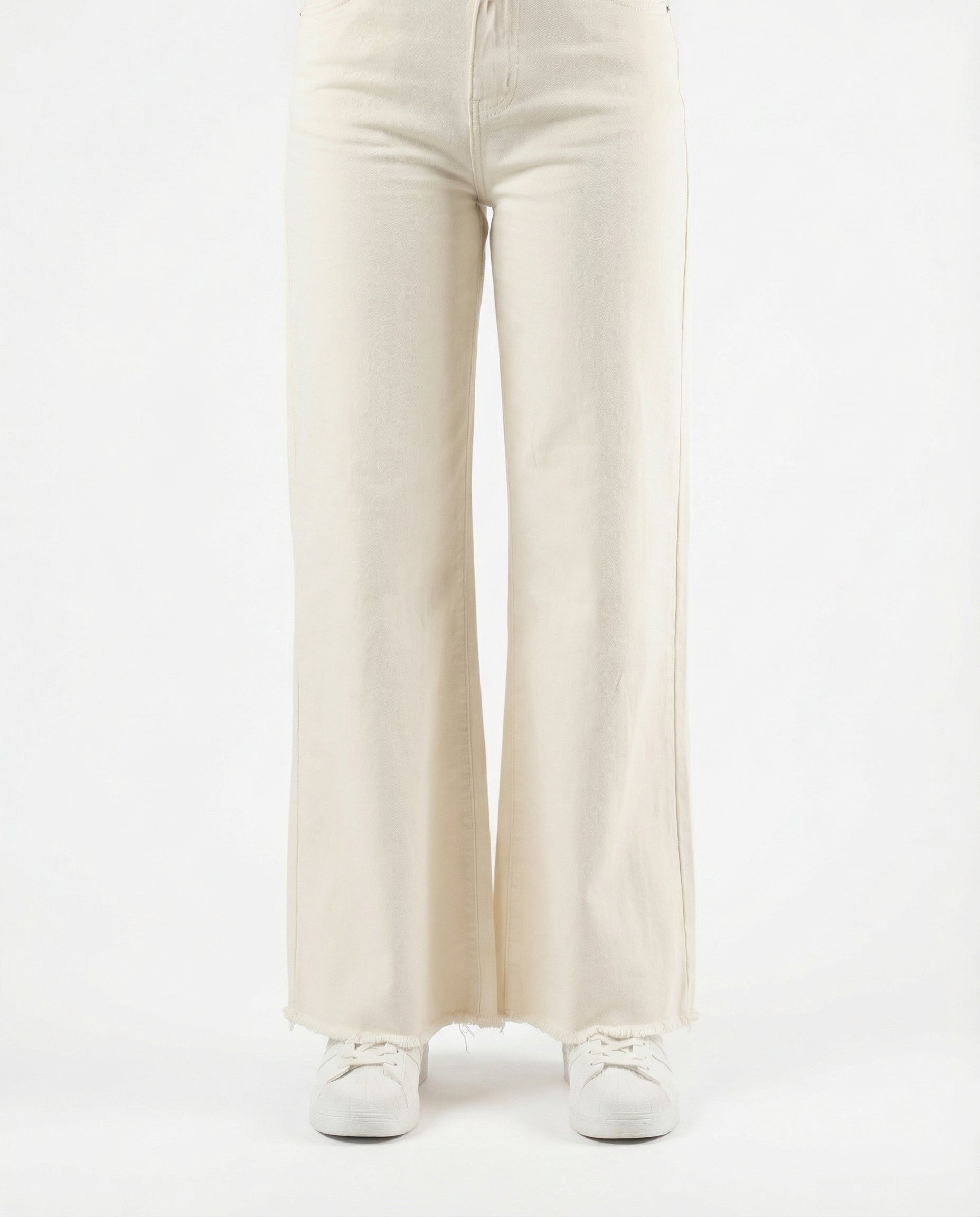 Jeans Wide Leg Color Panna con Bordo Sfrangiato