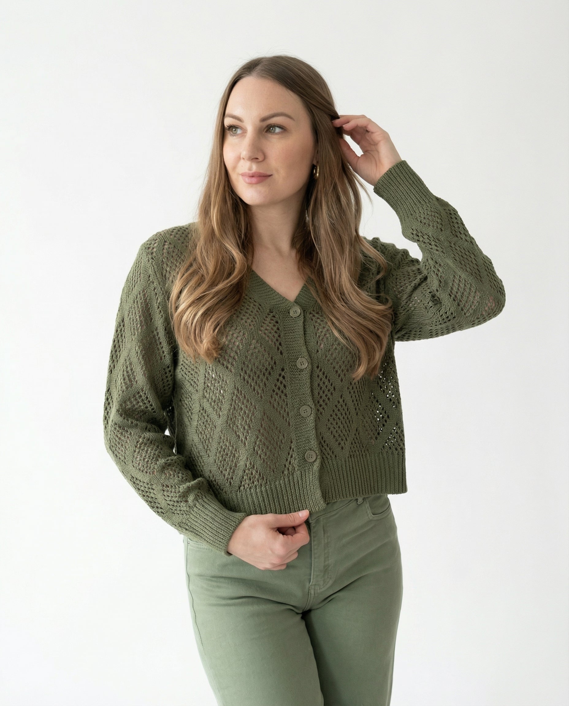 Cardigan Traforata Color verde militare