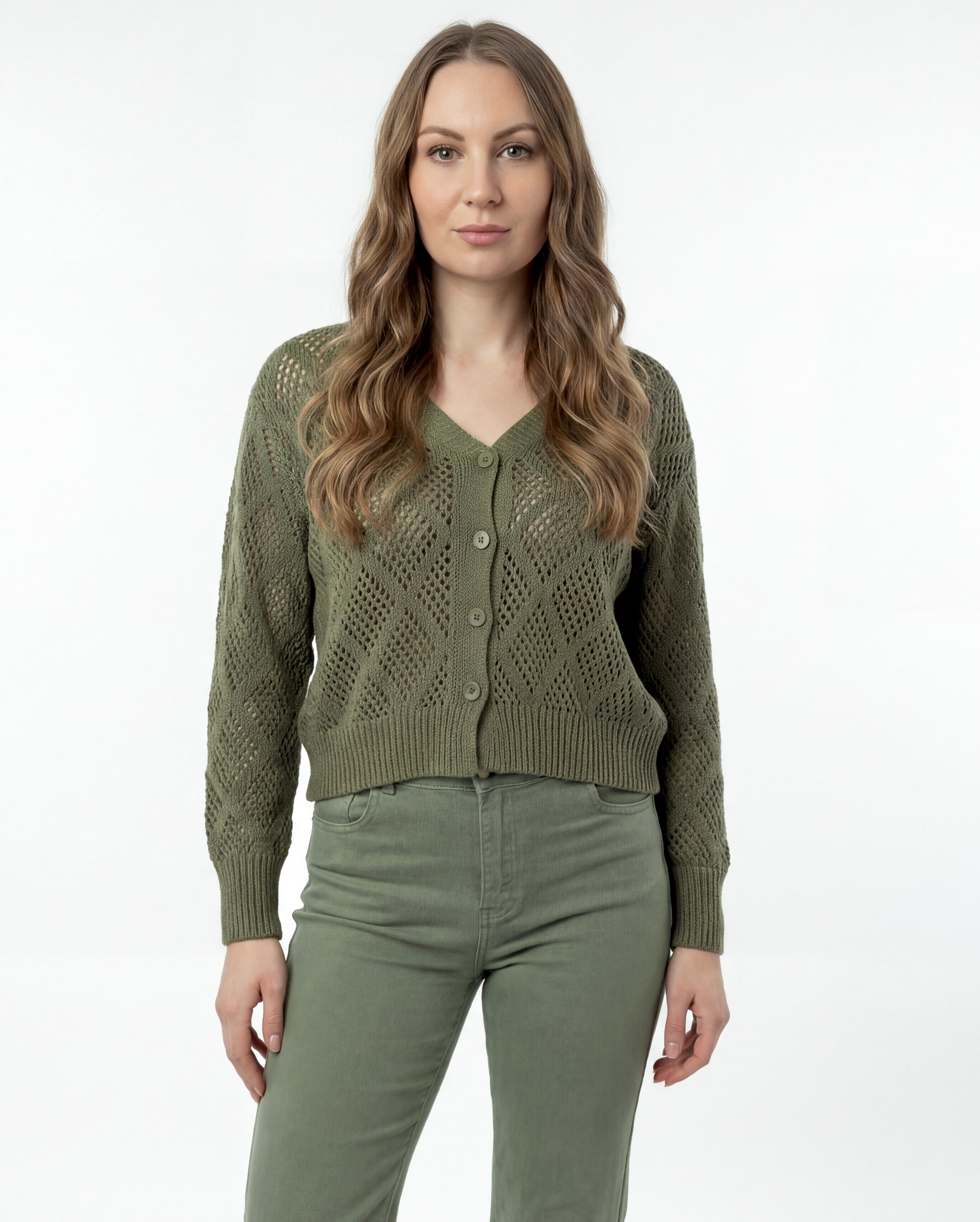 Cardigan Traforata Color verde militare