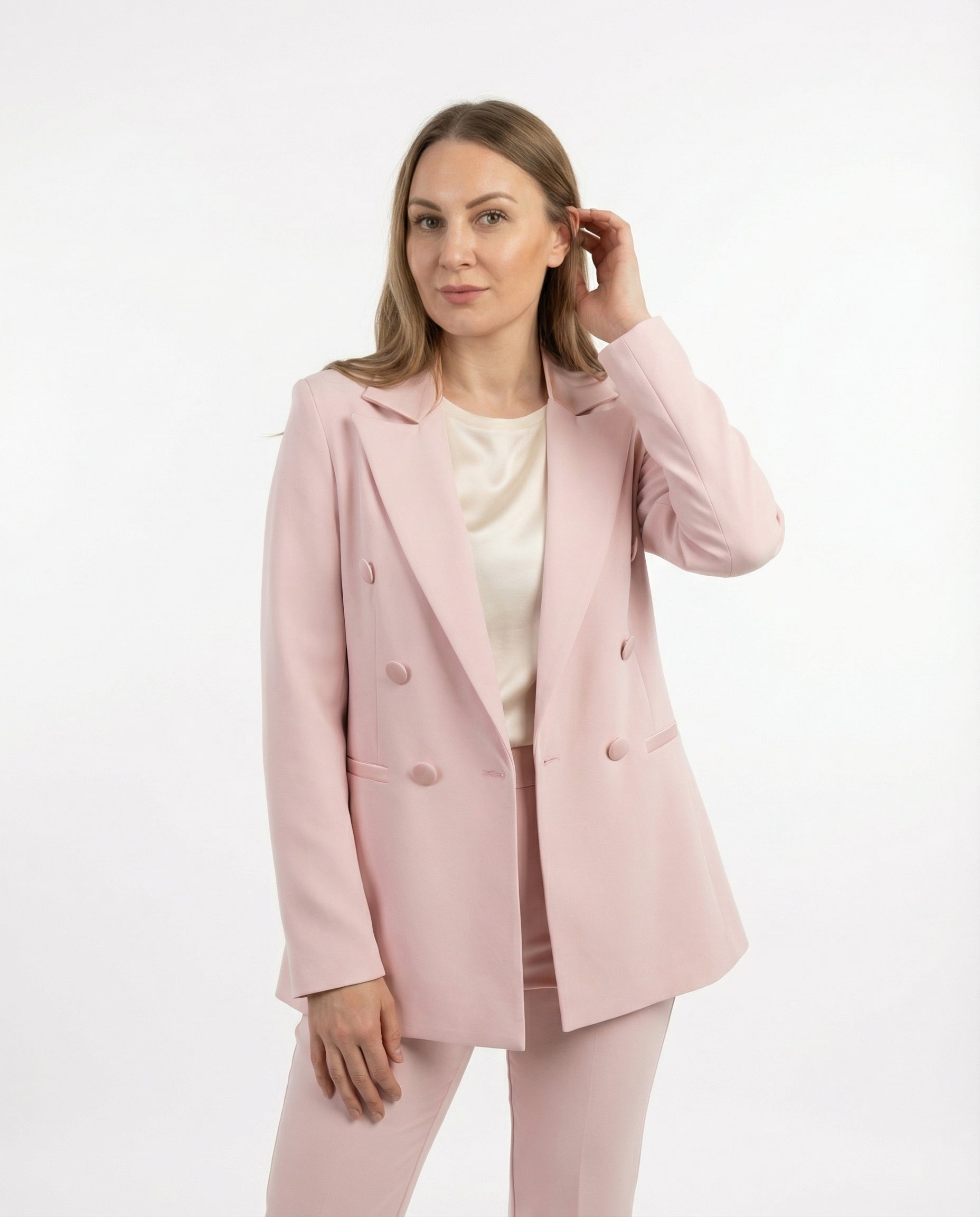 Completo Giacca Doppiopetto e Pantaloni a Zampa Rosa Cipria con inserti in Raso