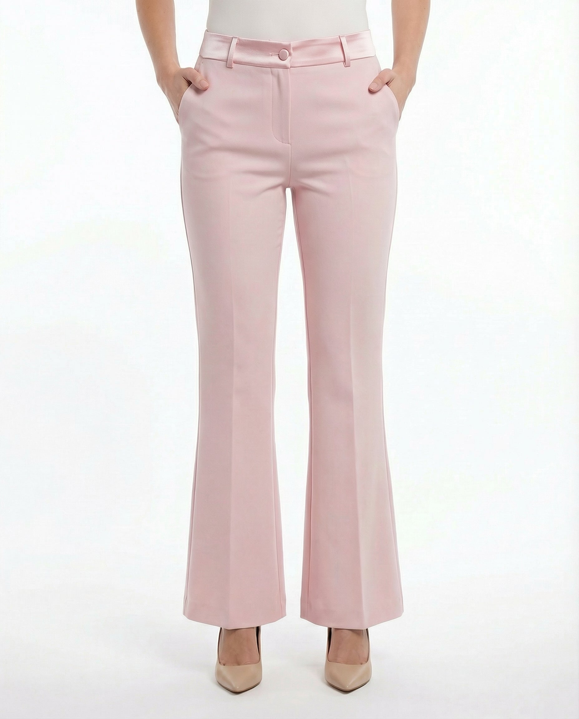 Completo Giacca Doppiopetto e Pantaloni a Zampa Rosa Cipria con inserti in Raso