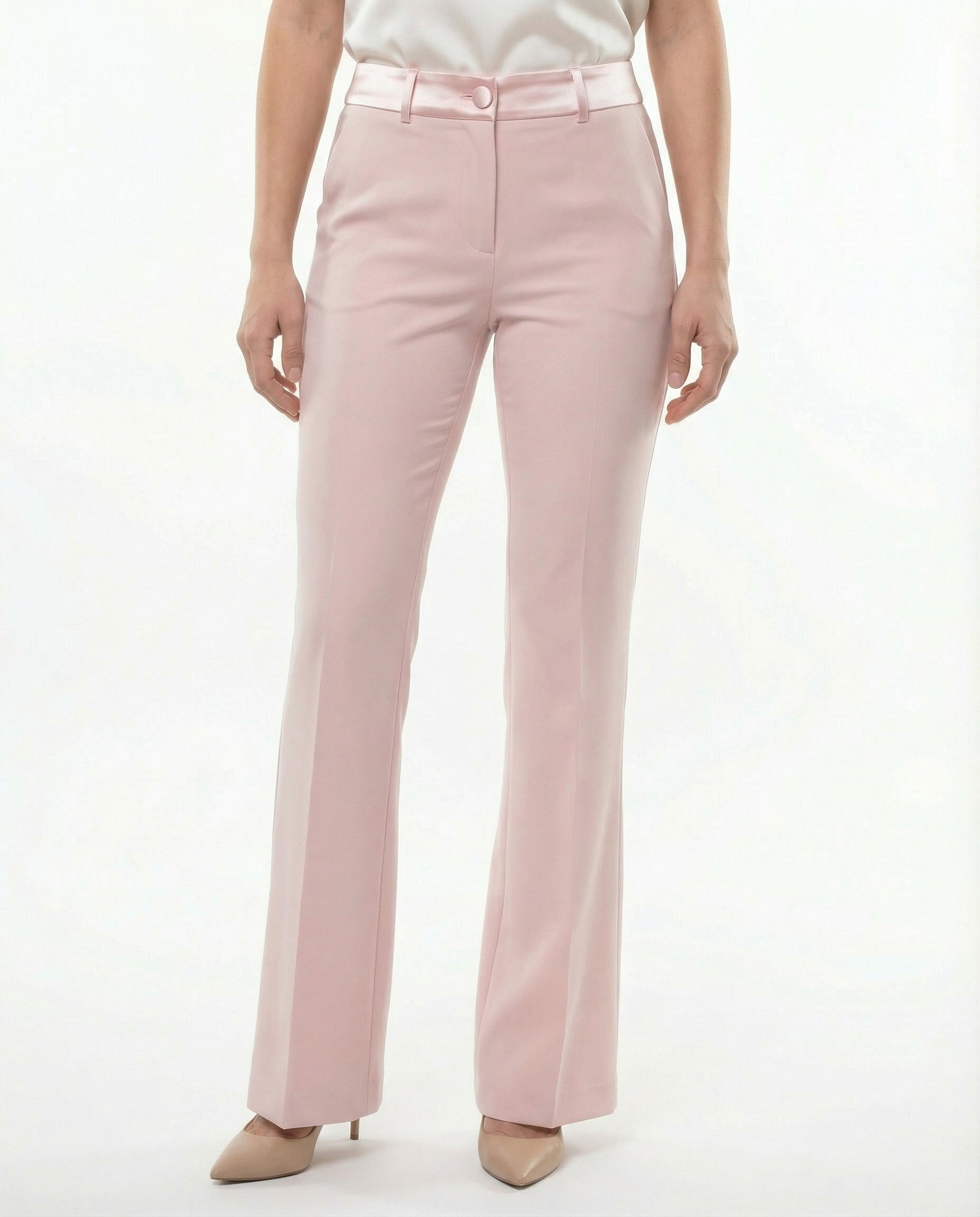 Completo Giacca Doppiopetto e Pantaloni a Zampa Rosa Cipria con inserti in Raso