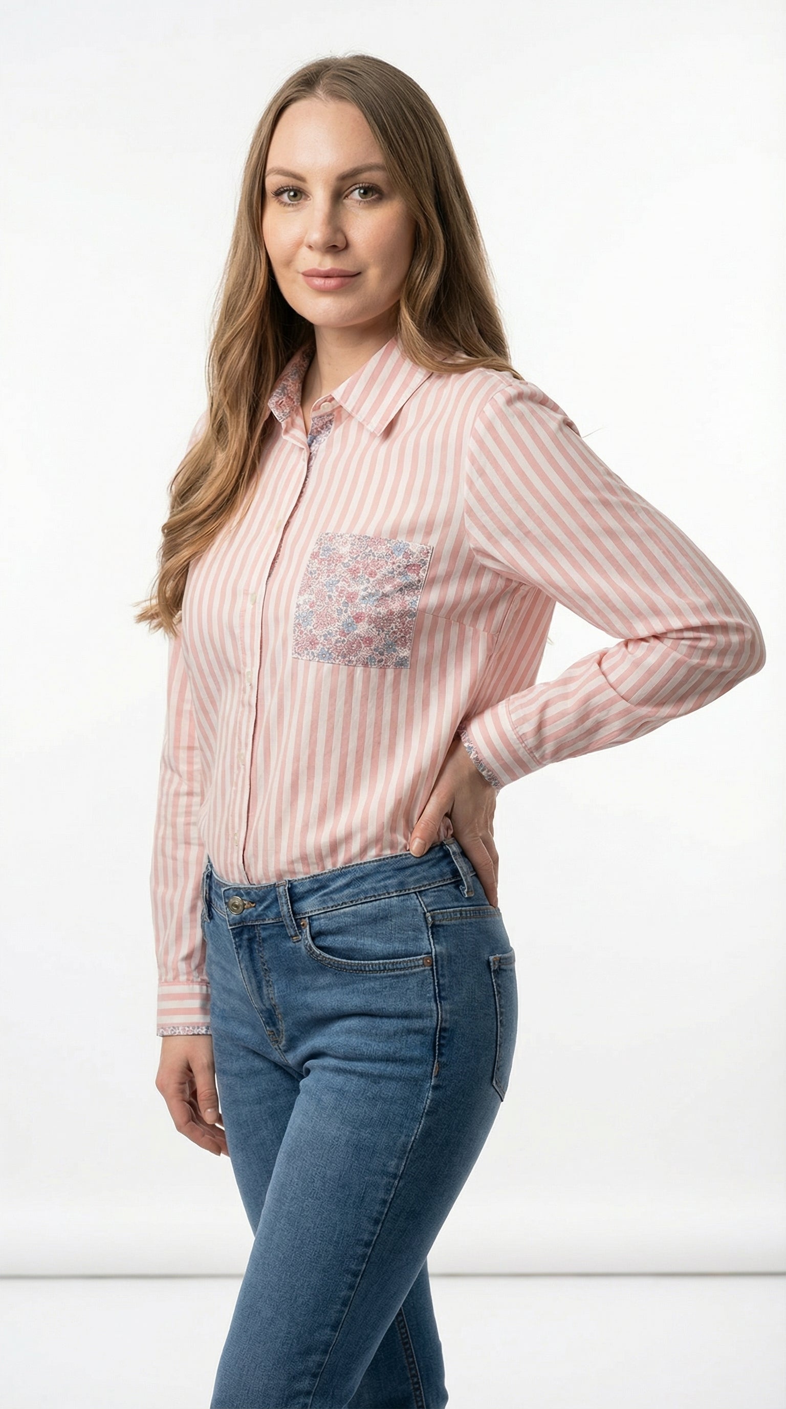 Camicia a Righe Rosa con Inserti in Fantasia Floreale