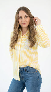 Camicia a Righe Gialle con Inserti in Fantasia Floreale
