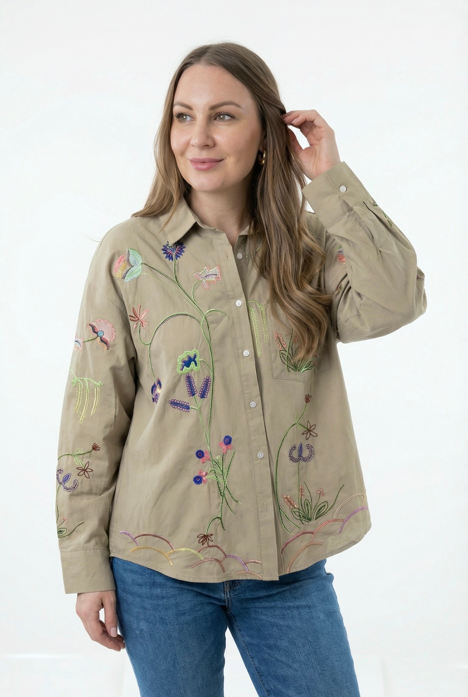 Giacca a Camicia con Ricami Floreali Multicolor