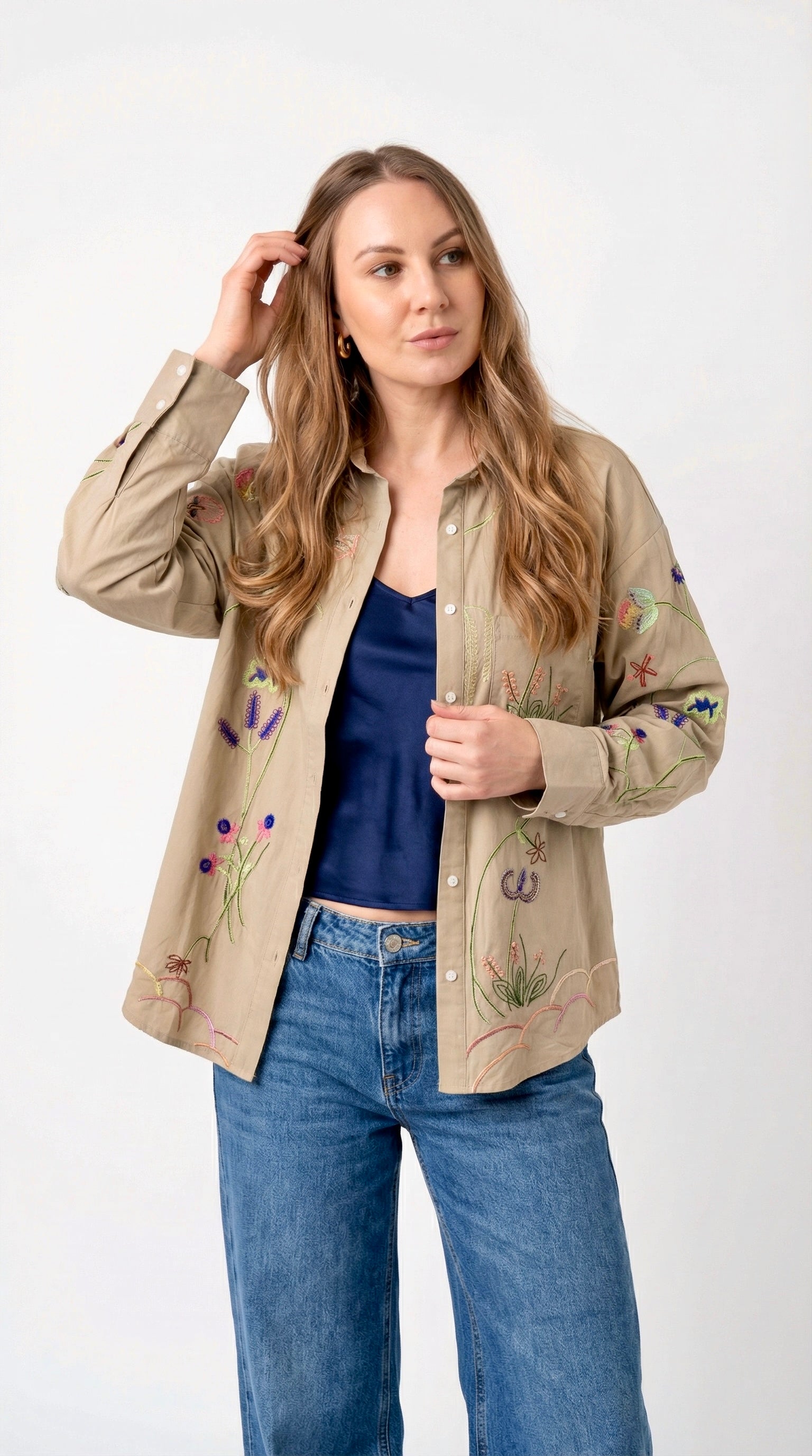 Giacca a Camicia con Ricami Floreali Multicolor