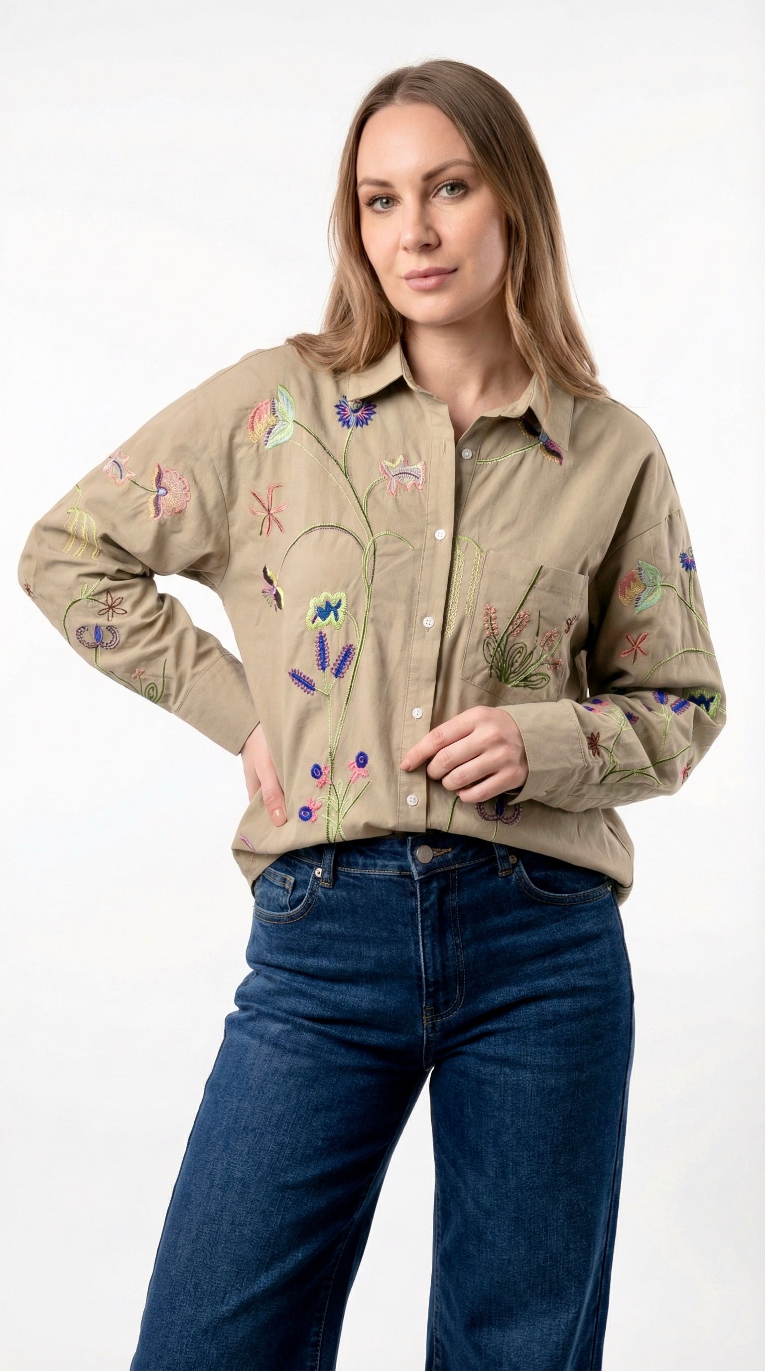 Giacca a Camicia con Ricami Floreali Multicolor