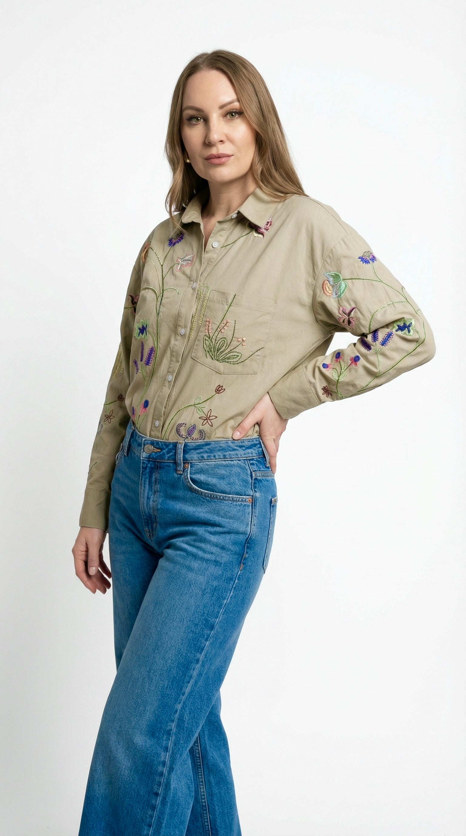 Giacca a Camicia con Ricami Floreali Multicolor