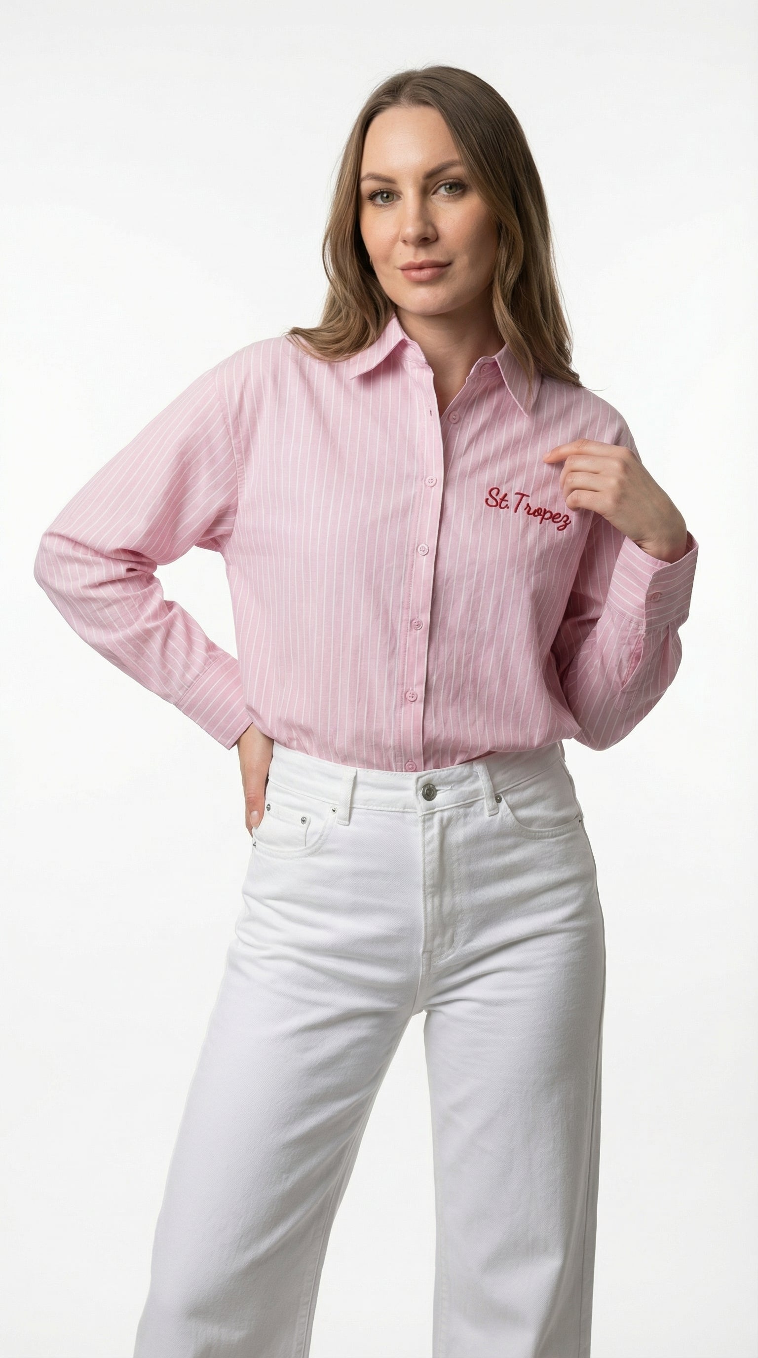 Camicia Rosa a Righe con Ricamo "St. Tropez"