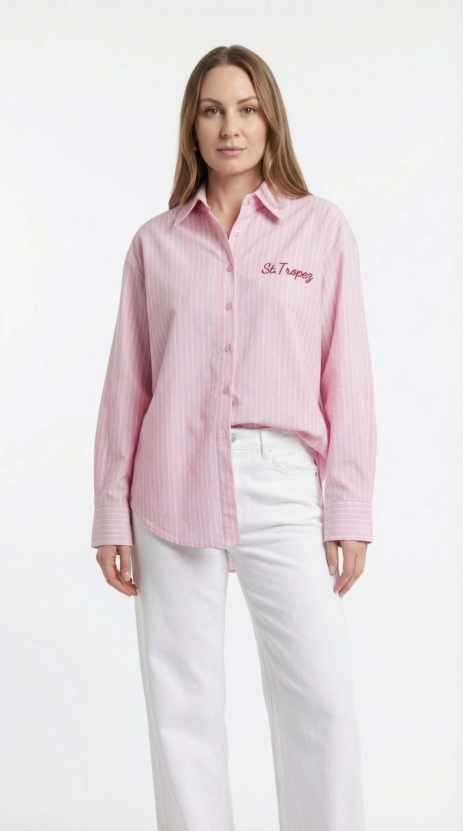 Camicia Rosa a Righe con Ricamo "St. Tropez"