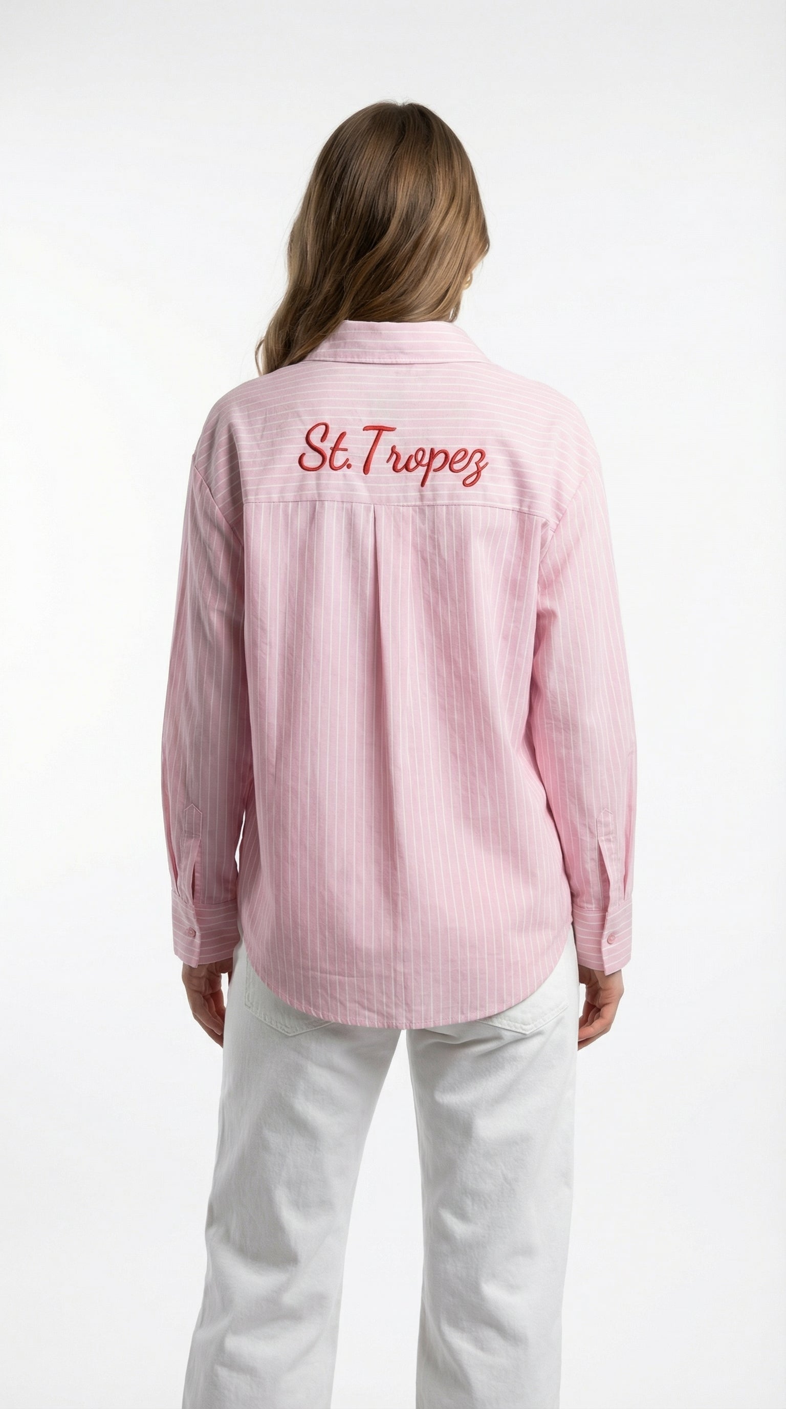 Camicia Rosa a Righe con Ricamo "St. Tropez"