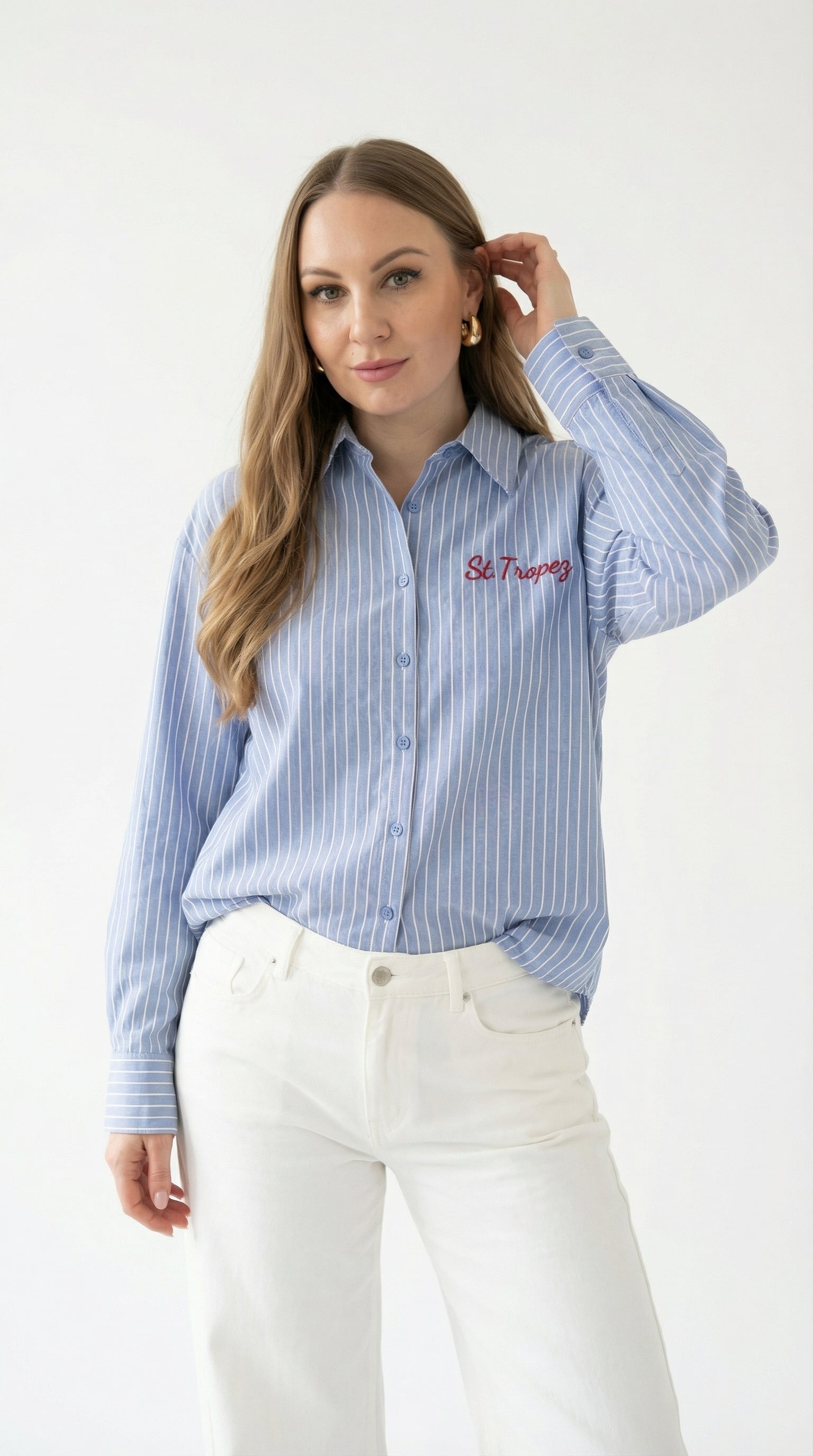 Camicia Azzurra a Righe con Ricamo "St. Tropez"